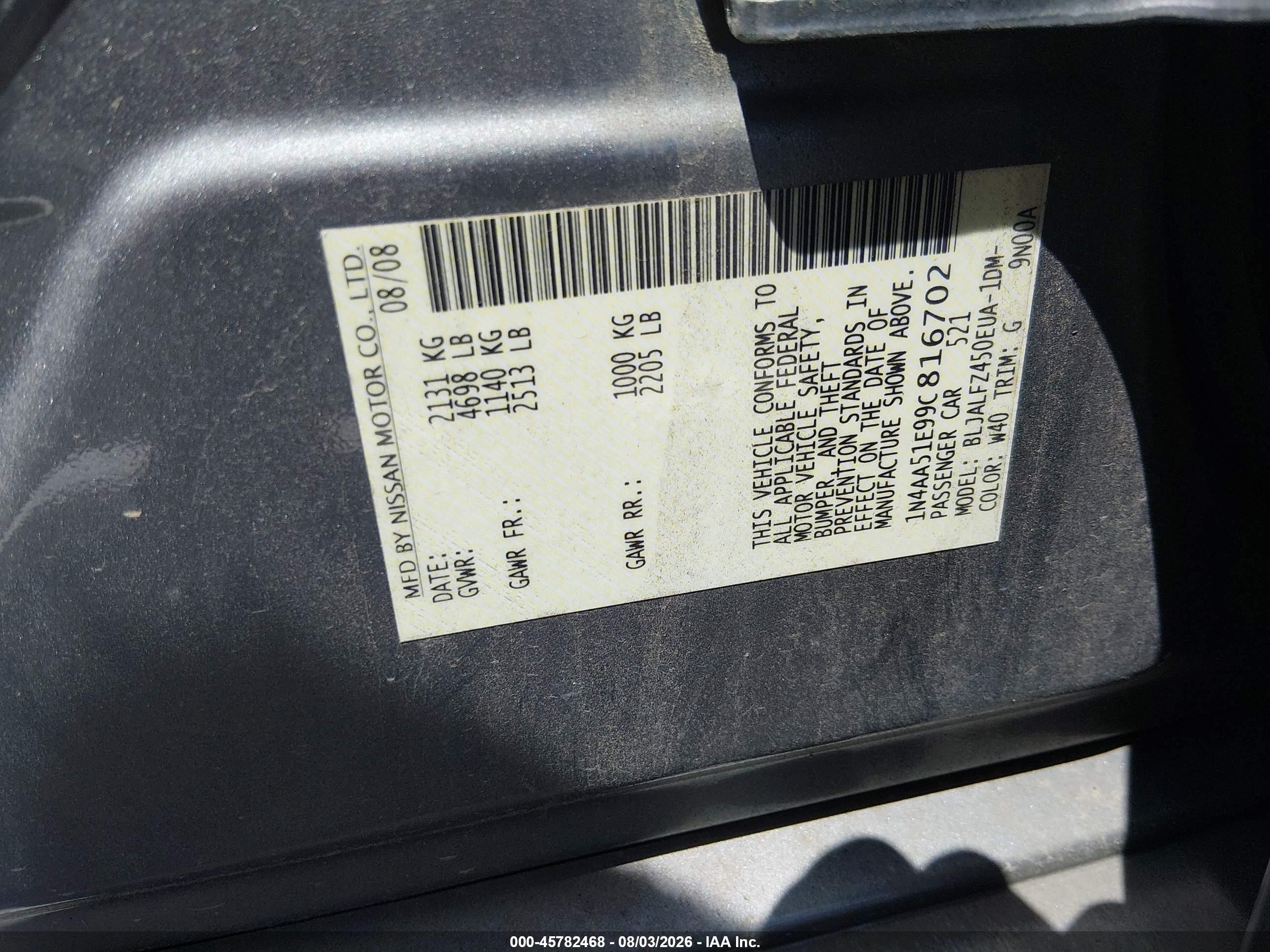 2009 Nissan Maxima 3.5 Sv Gray vin: 1N4AA51E99C816702