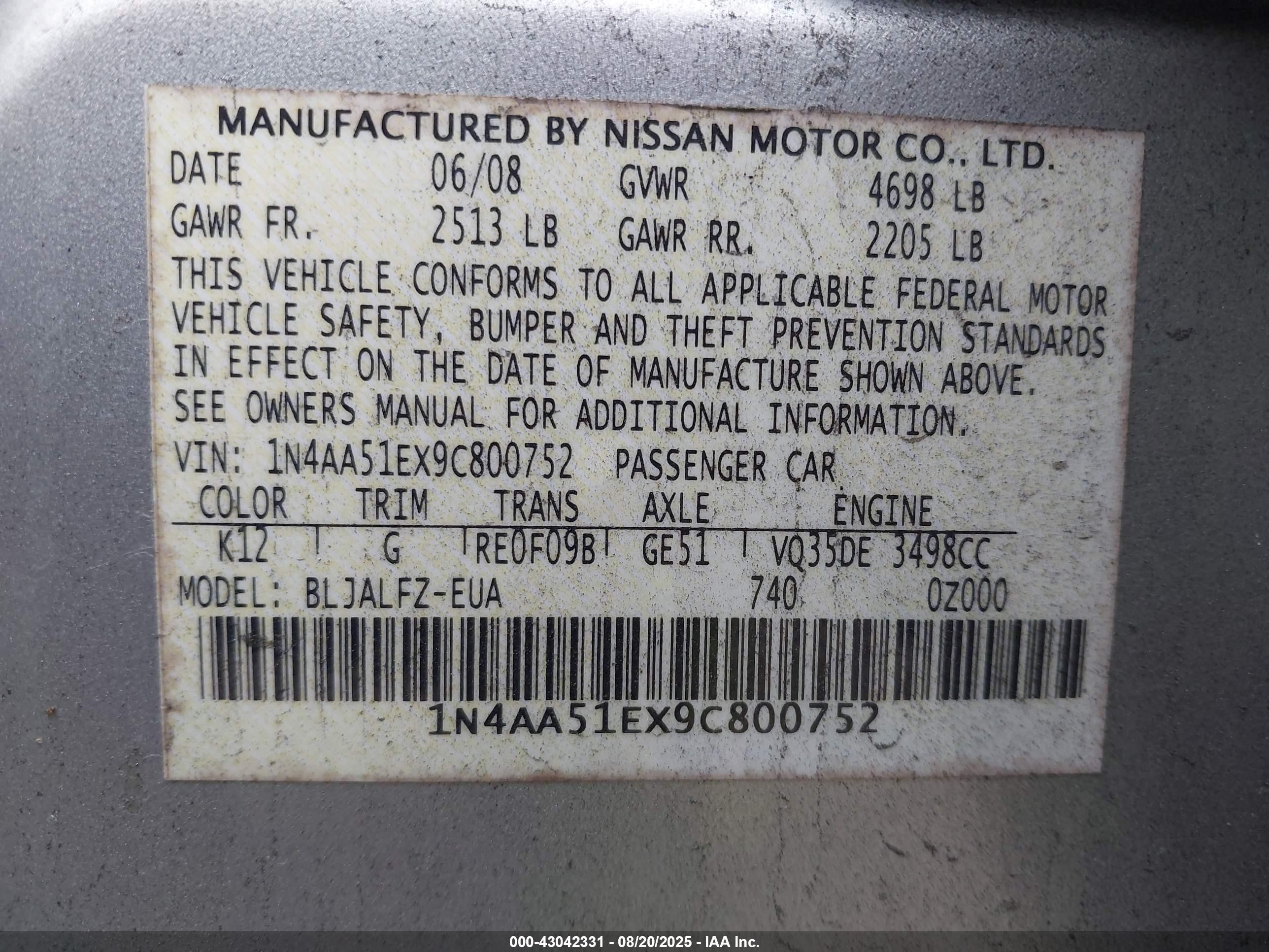 2009 Nissan Maxima 3.5 Sv Серебряный vin: 1N4AA51EX9C800752