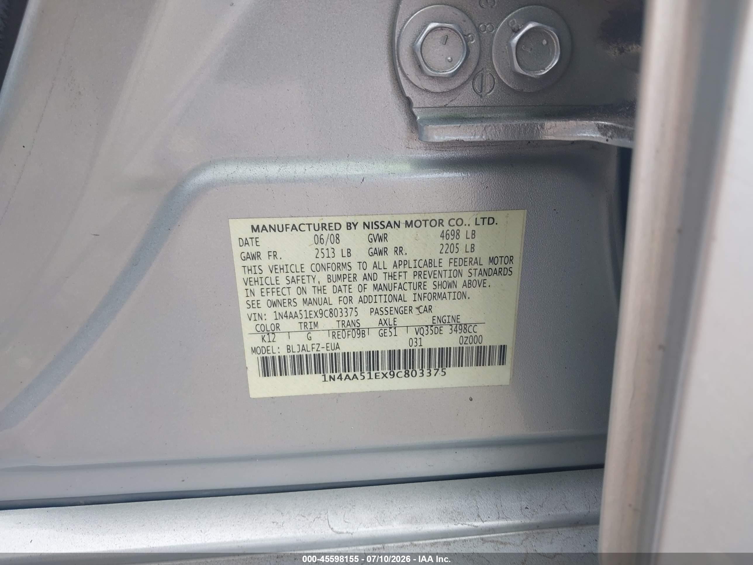 2009 Nissan Maxima 3.5 Sv Silver vin: 1N4AA51EX9C803375