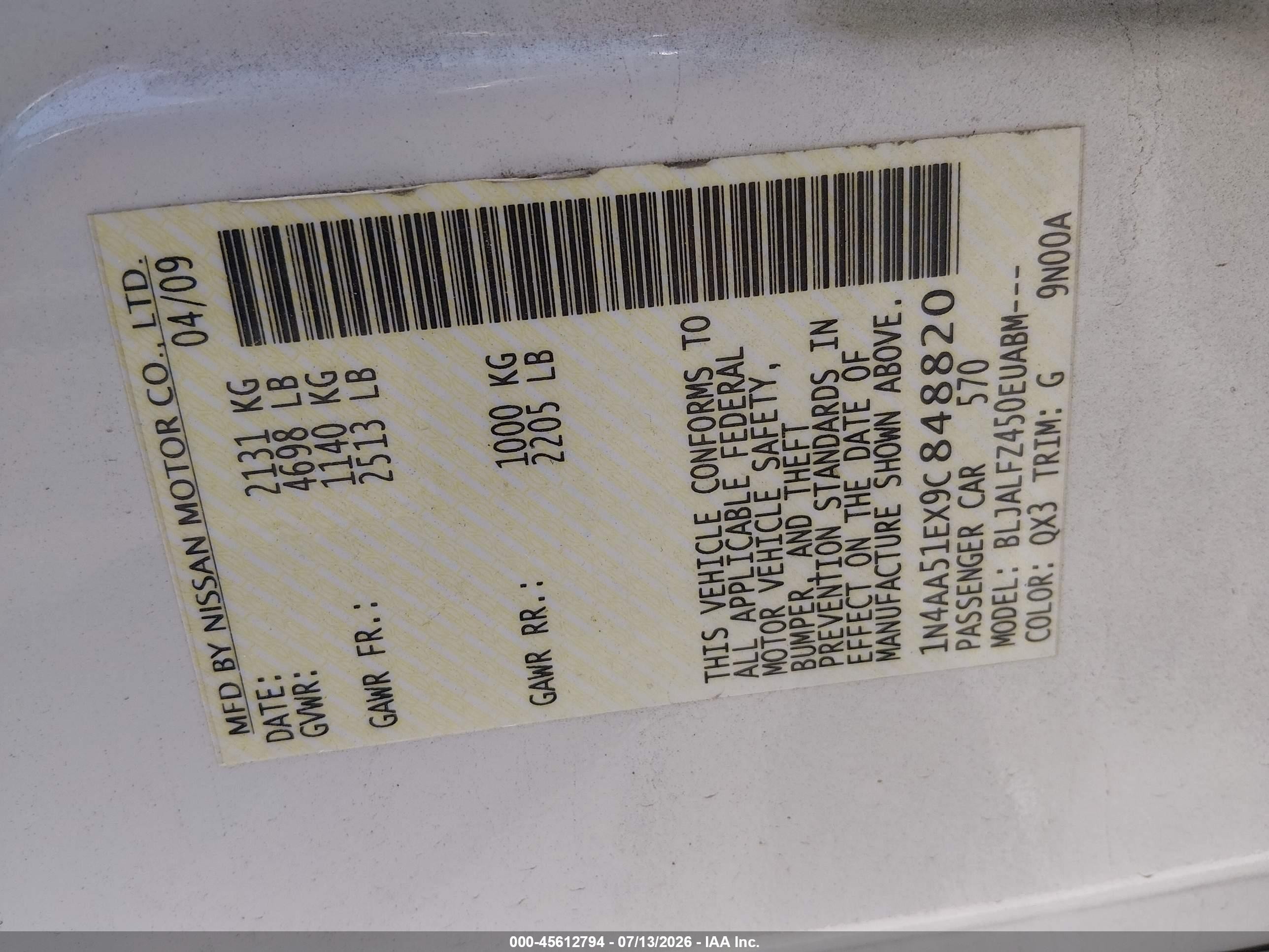 2009 Nissan Maxima 3.5 Sv White vin: 1N4AA51EX9C848820