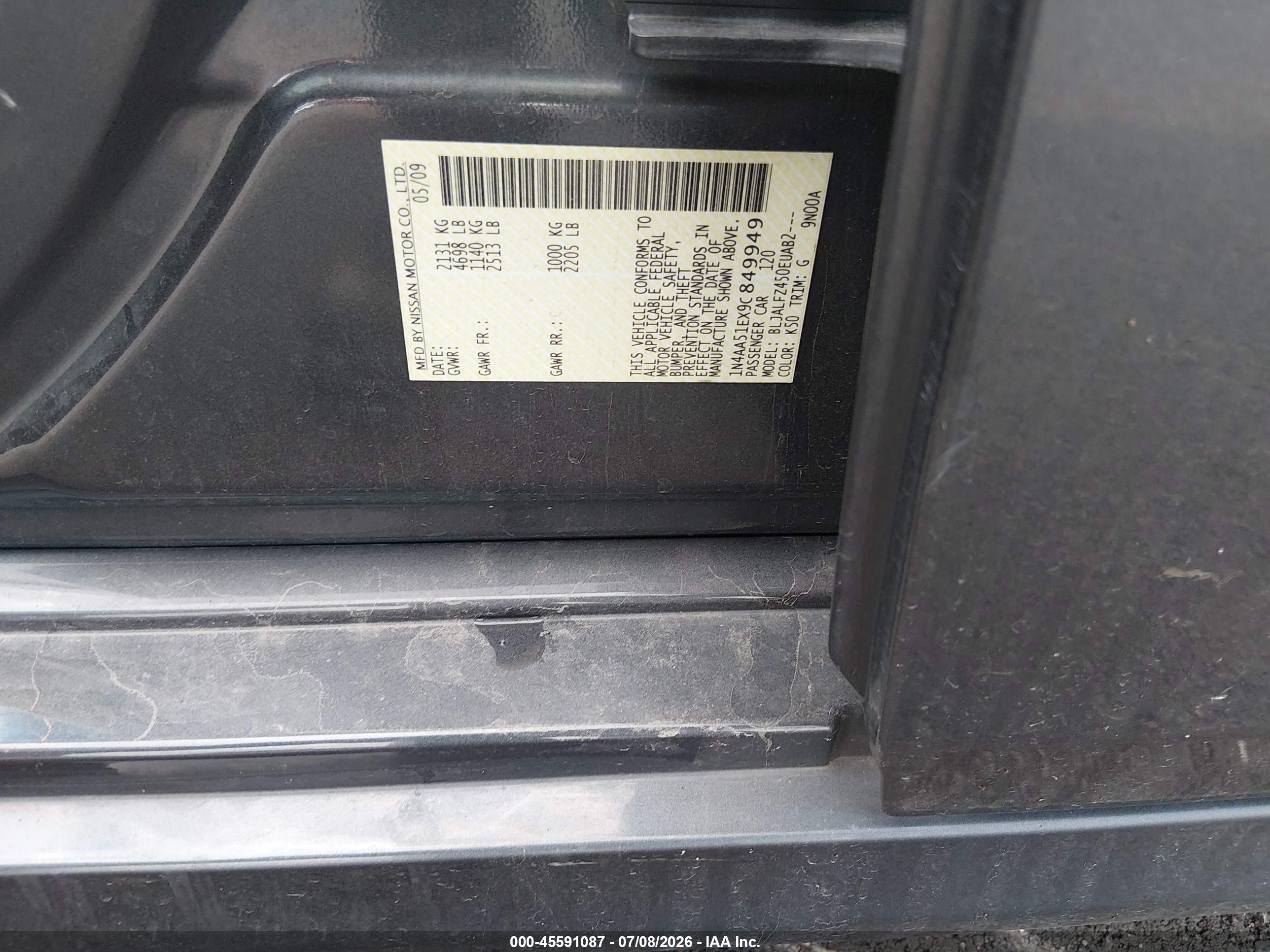 2009 Nissan Maxima 3.5 Sv Gray vin: 1N4AA51EX9C849949