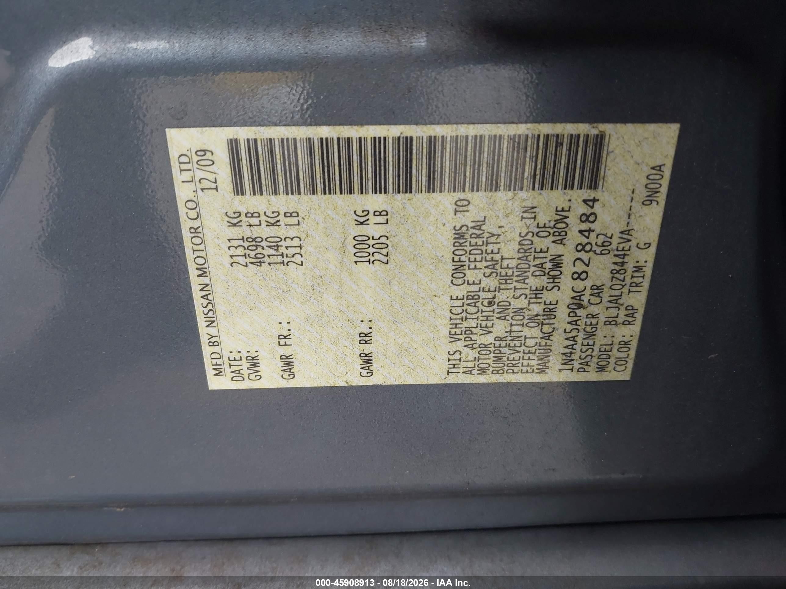 2010 Nissan Maxima 3.5 S Blue vin: 1N4AA5AP0AC828484