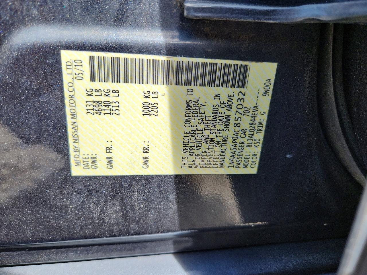 2010 Nissan Maxima S Charcoal vin: 1N4AA5AP0AC857032