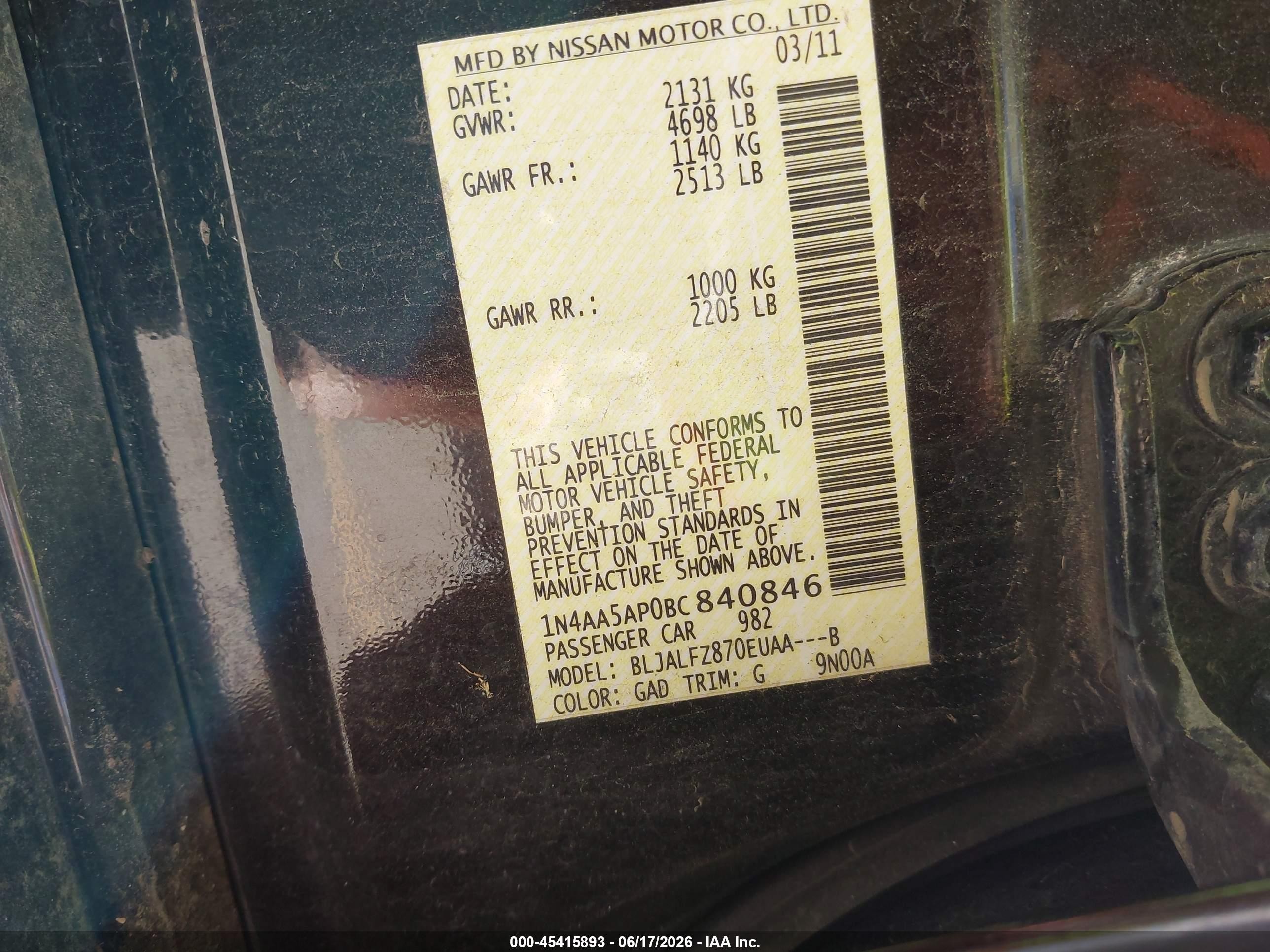 2011 Nissan Maxima 3.5 Sv Purple vin: 1N4AA5AP0BC840846