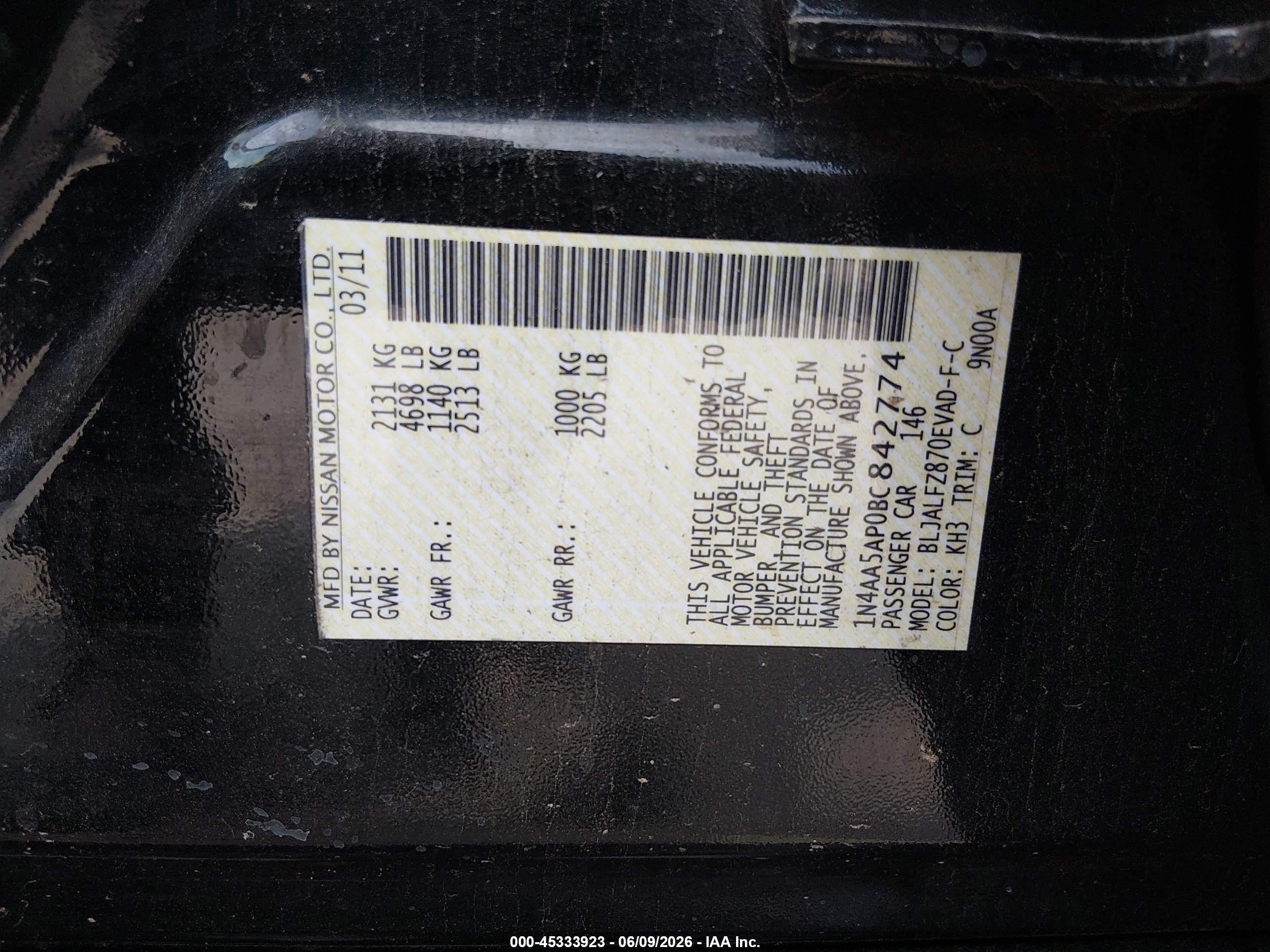 2011 Nissan Maxima 3.5 Sv Black vin: 1N4AA5AP0BC842774