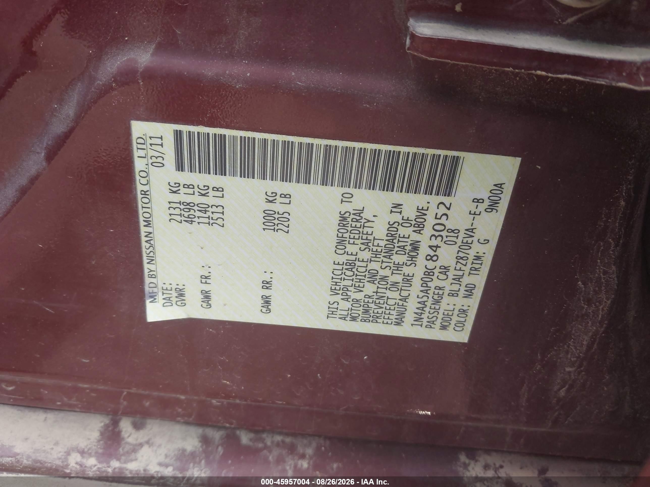 2011 Nissan Maxima 3.5 Sv Red vin: 1N4AA5AP0BC843052