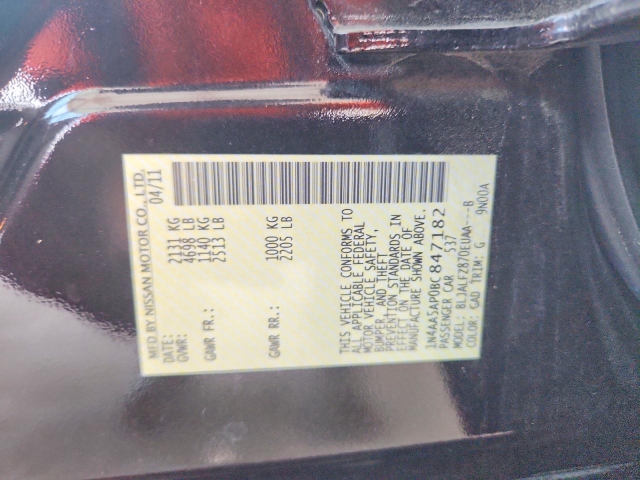 2011 Nissan Maxima 3.5 S Black vin: 1N4AA5AP0BC847182