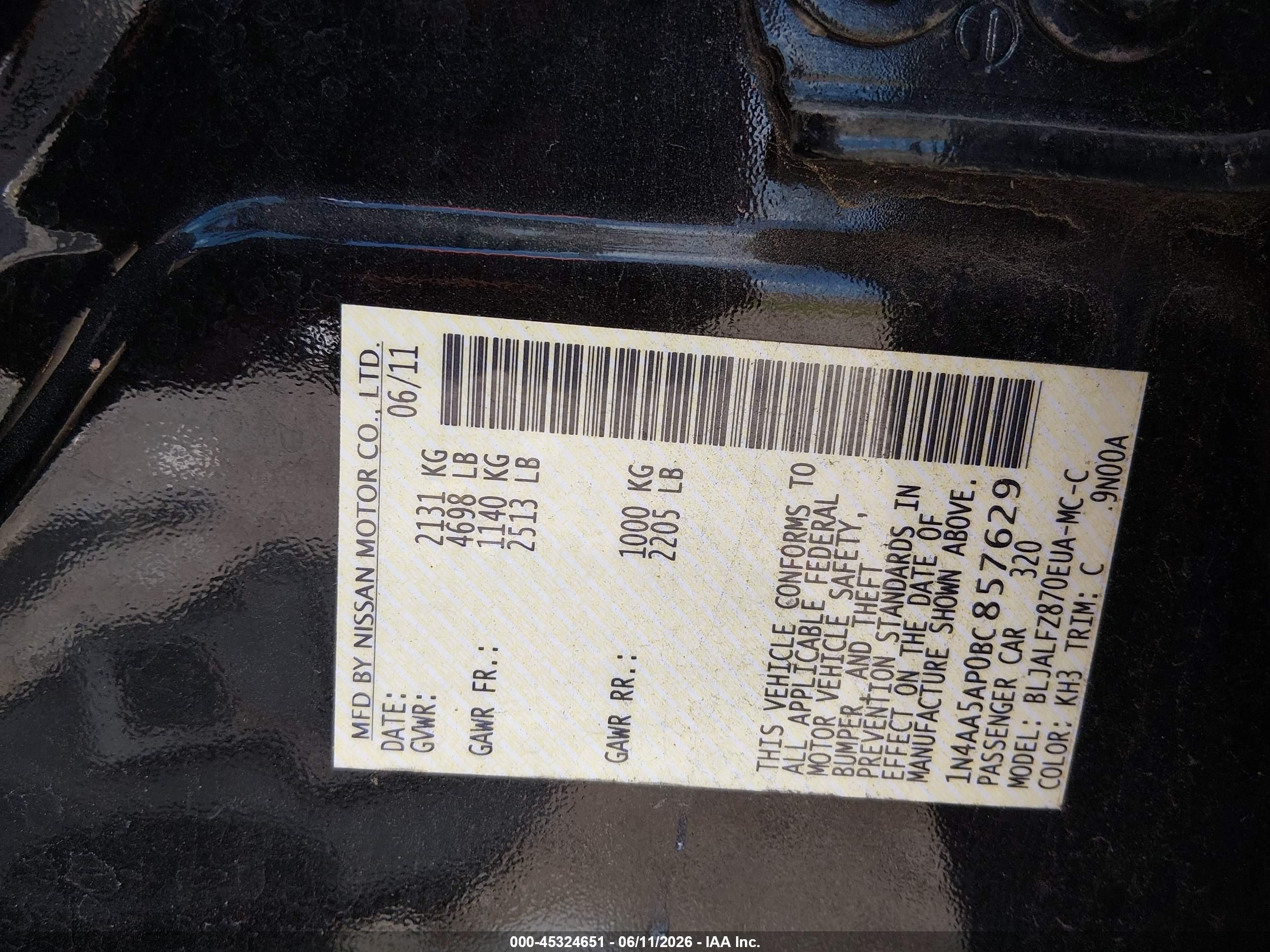 2011 Nissan Maxima 3.5 Sv Black vin: 1N4AA5AP0BC857629