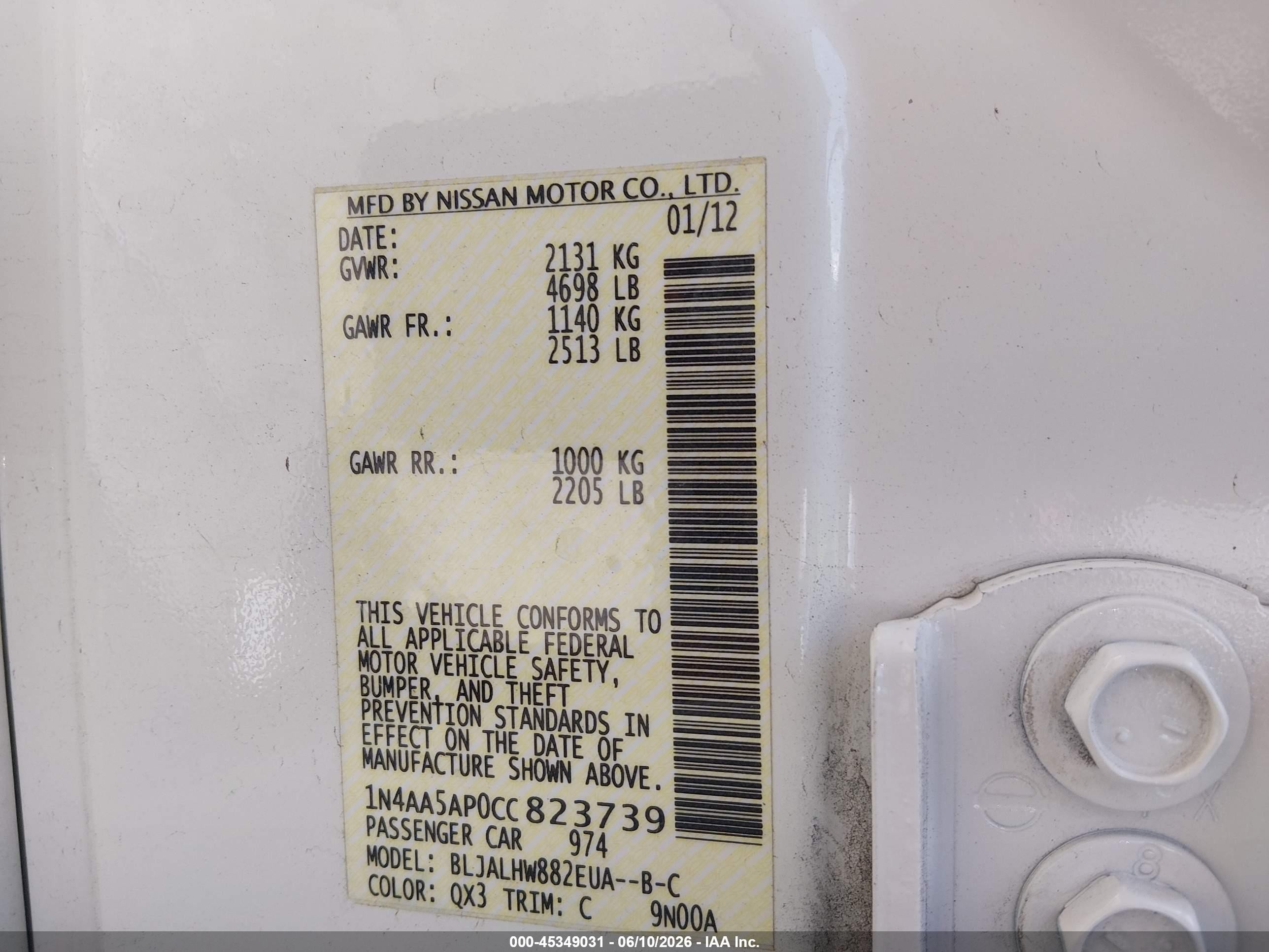 2012 Nissan Maxima 3.5 Sv White vin: 1N4AA5AP0CC823739
