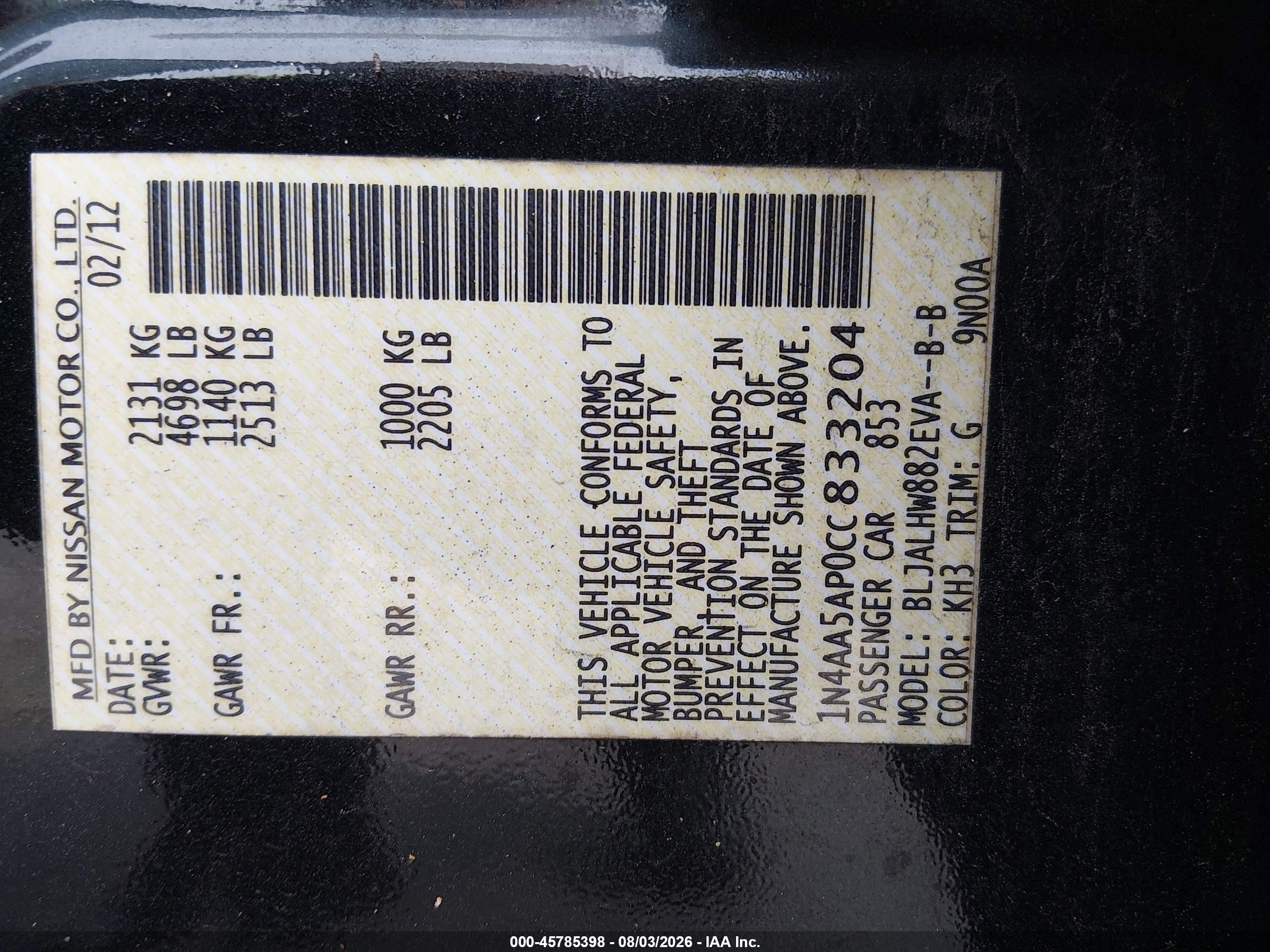 2012 Nissan Maxima 3.5 Sv Black vin: 1N4AA5AP0CC833204