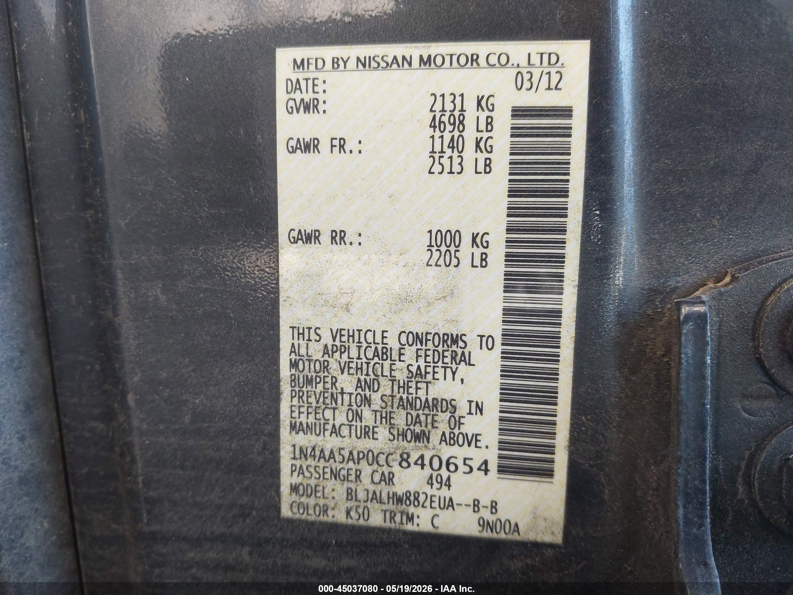 2012 Nissan Maxima 3.5 Sv Gray vin: 1N4AA5AP0CC840654