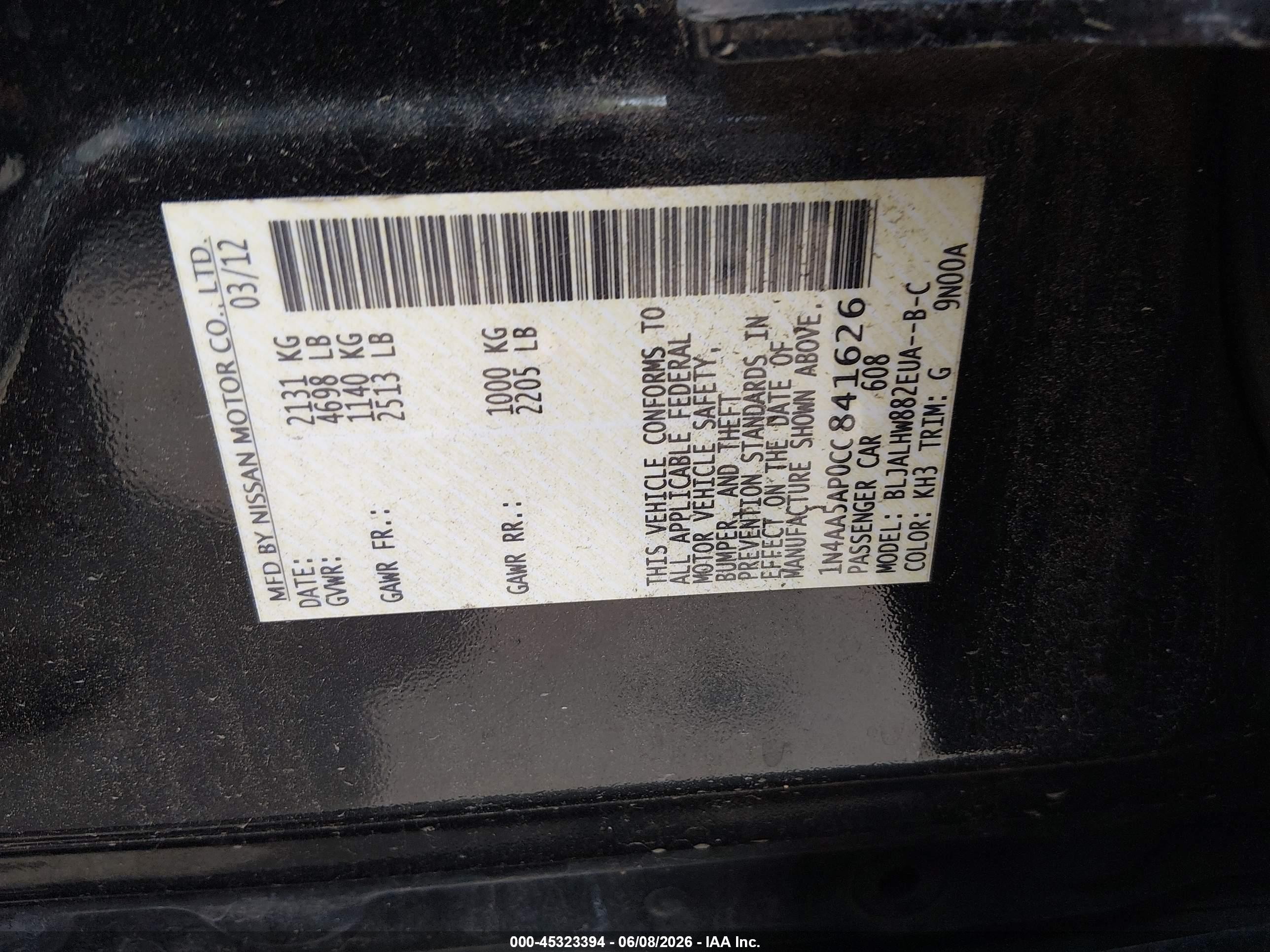 2012 Nissan Maxima 3.5 Sv Black vin: 1N4AA5AP0CC841626