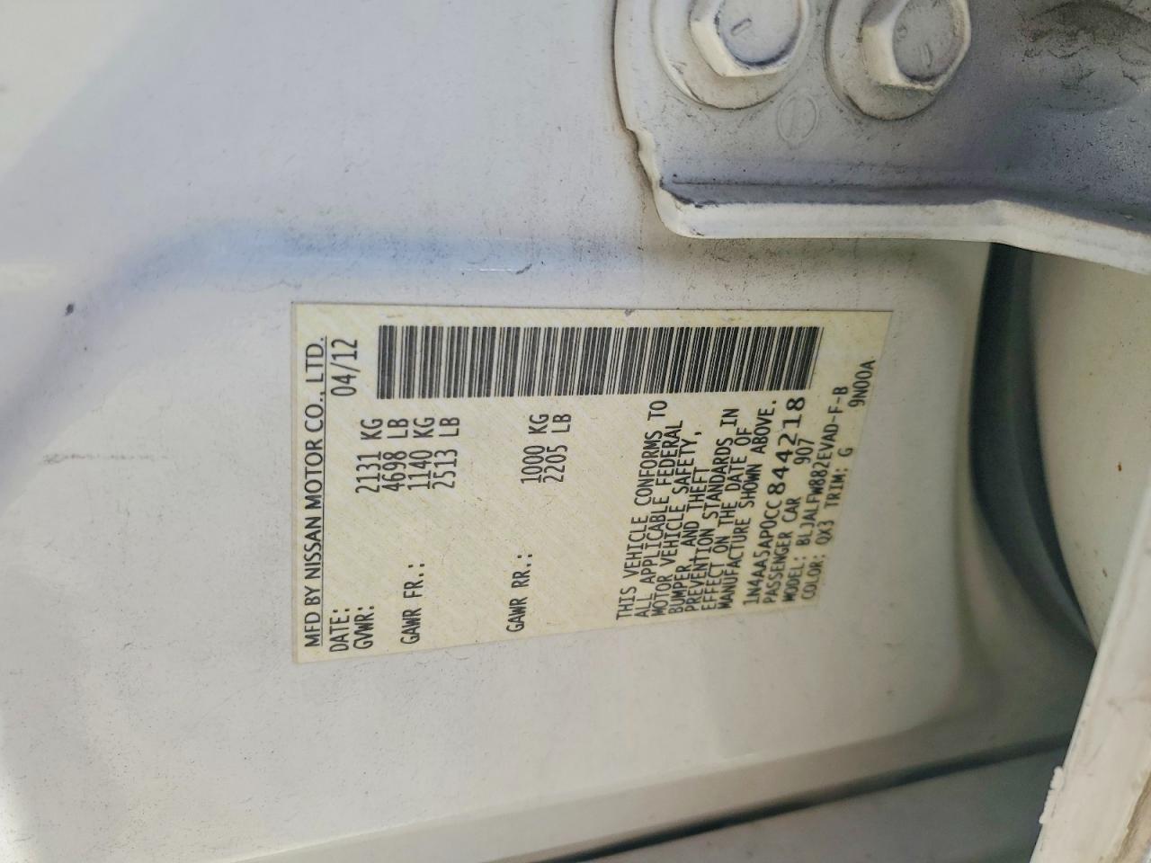 2012 Nissan Maxima 3.5 S White vin: 1N4AA5AP0CC844218