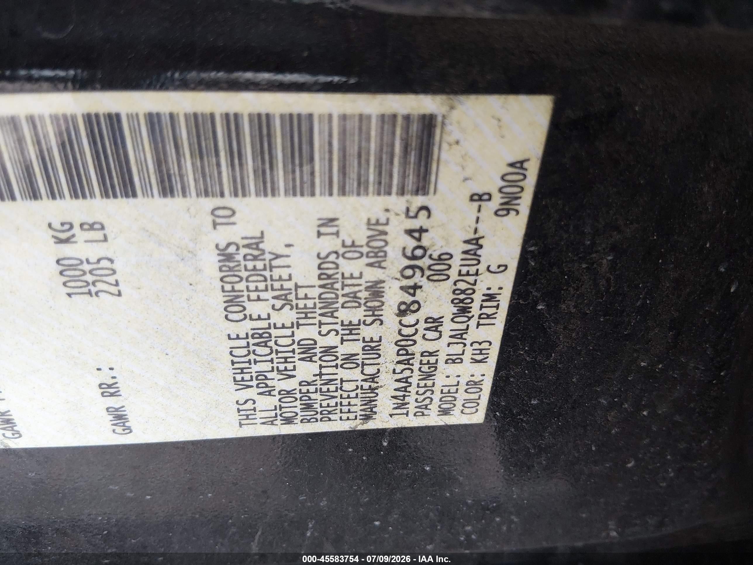 2012 Nissan Maxima 3.5 S Black vin: 1N4AA5AP0CC849645