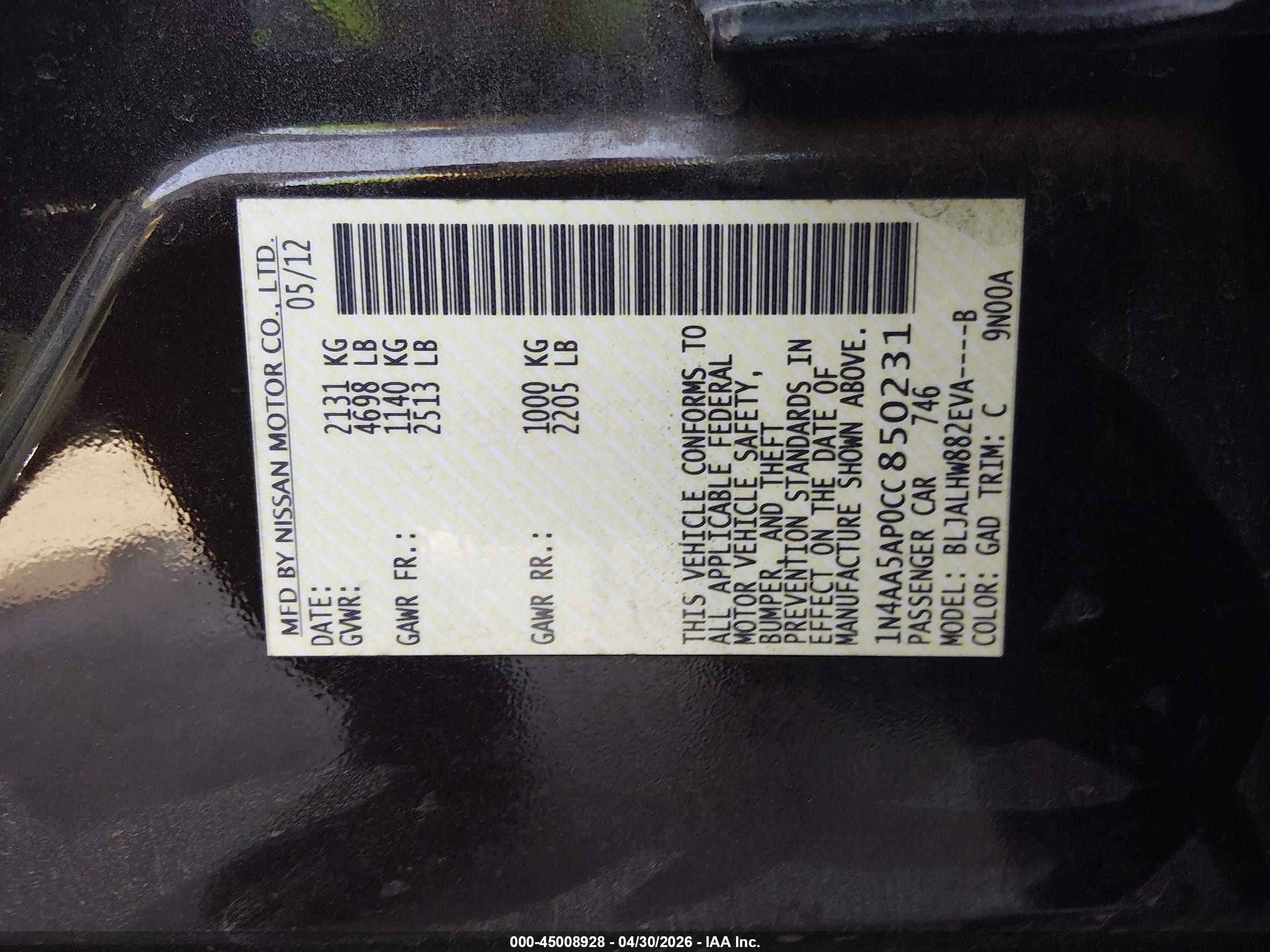 2012 Nissan Maxima 3.5 Sv Brown vin: 1N4AA5AP0CC850231