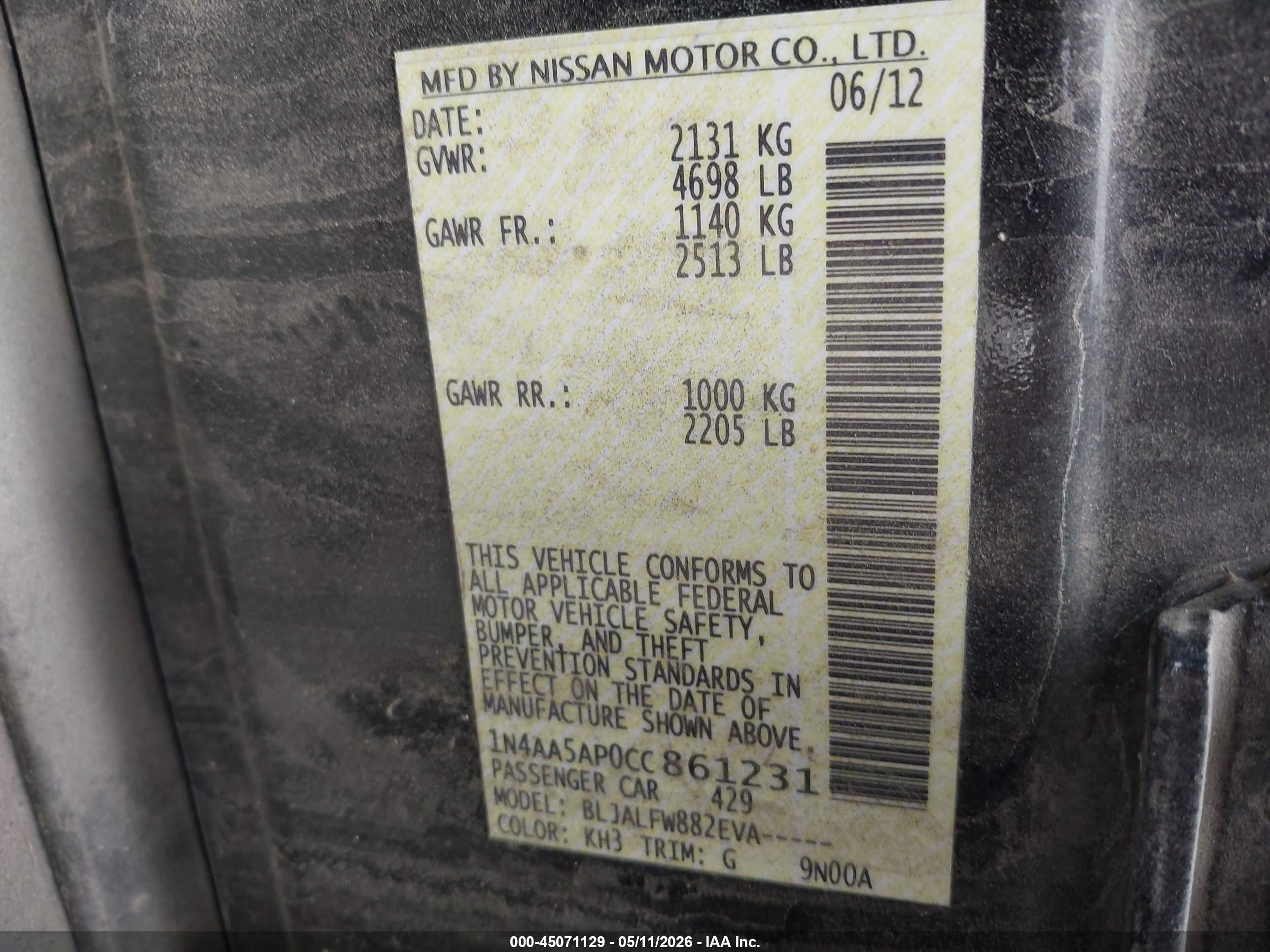2012 Nissan Maxima 3.5 Sv Black vin: 1N4AA5AP0CC861231