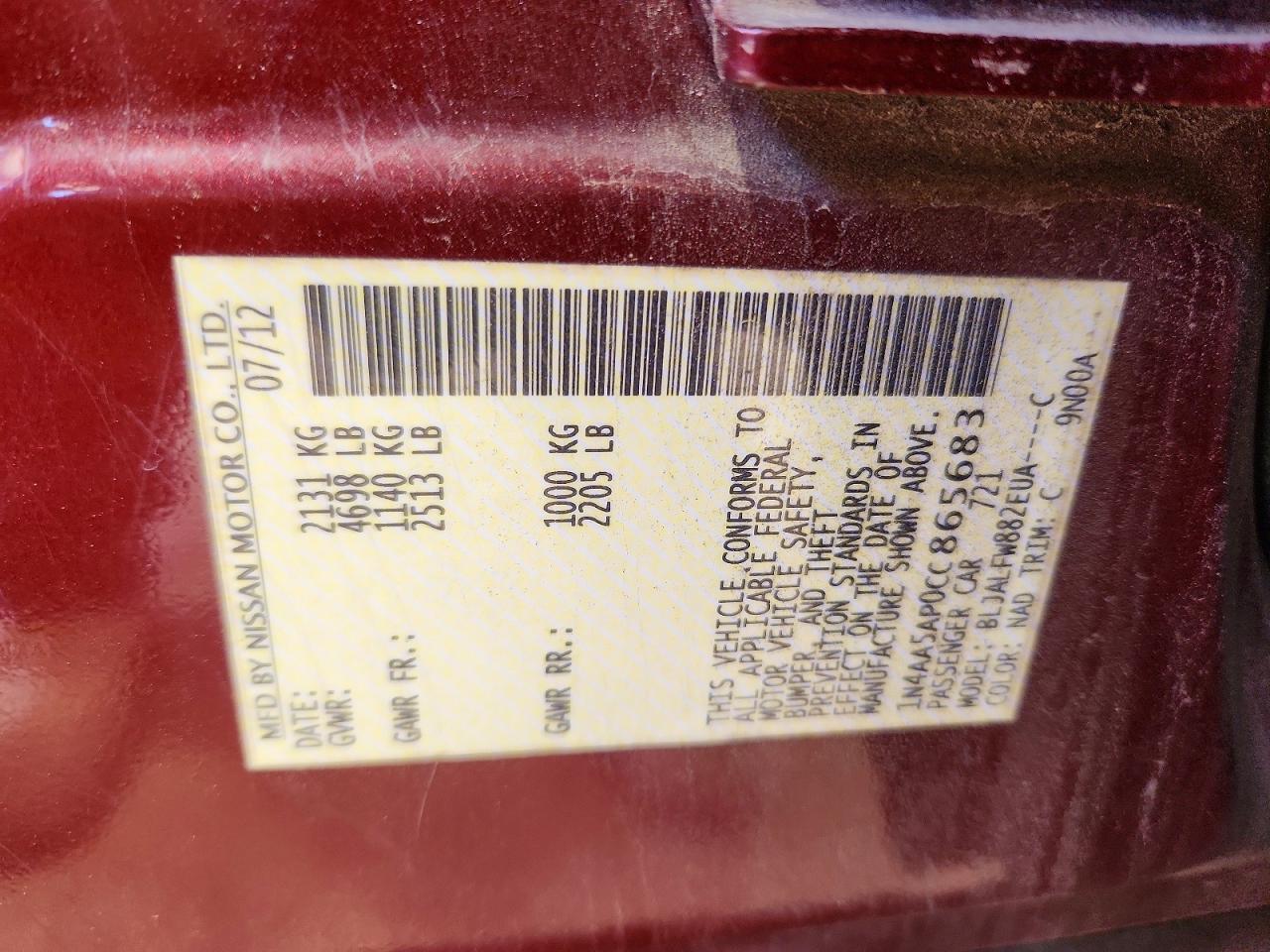2012 Nissan Maxima 3.5 S Red vin: 1N4AA5AP0CC865683