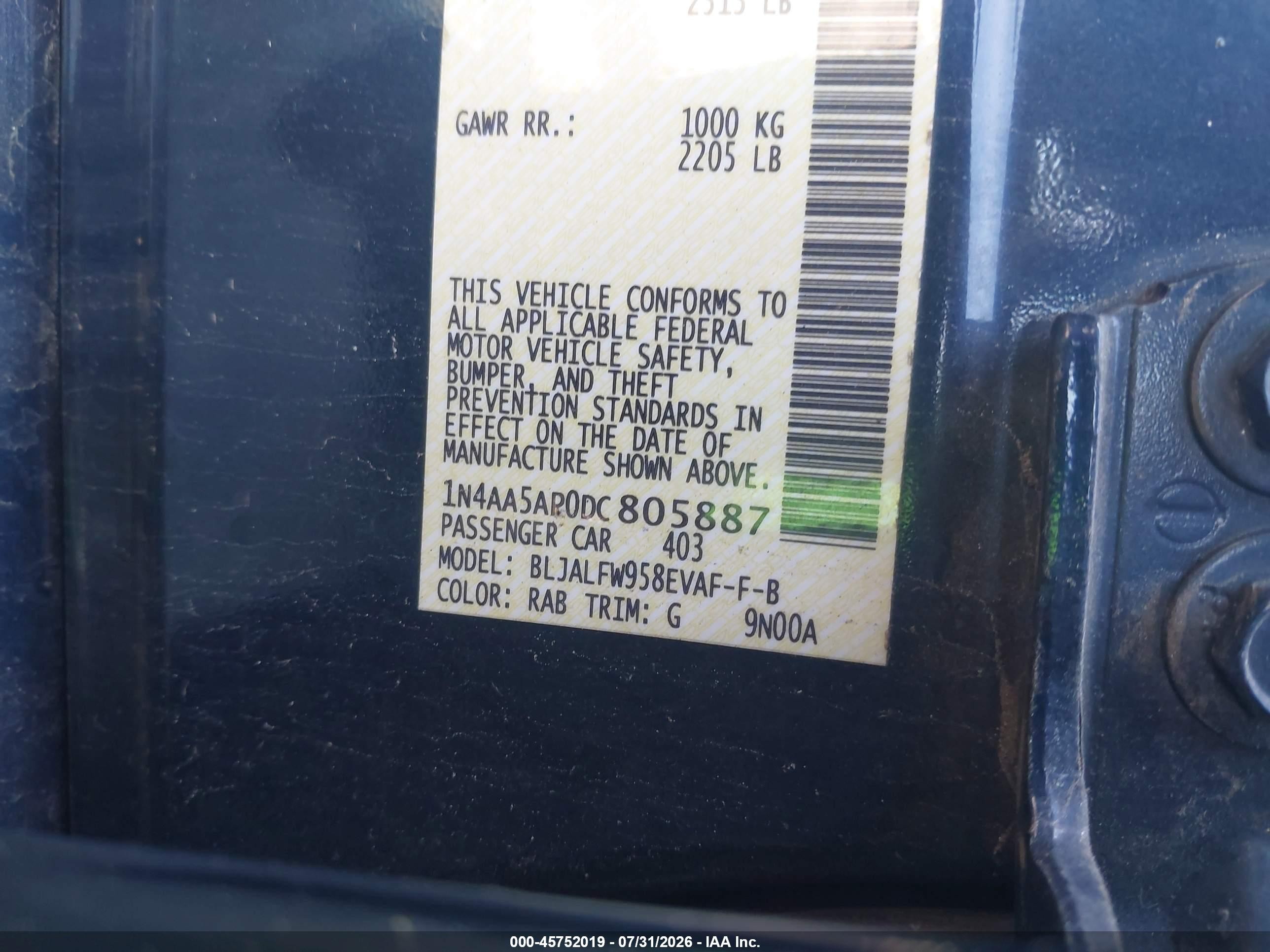 2013 Nissan Maxima 3.5 Sv Blue vin: 1N4AA5AP0DC805887