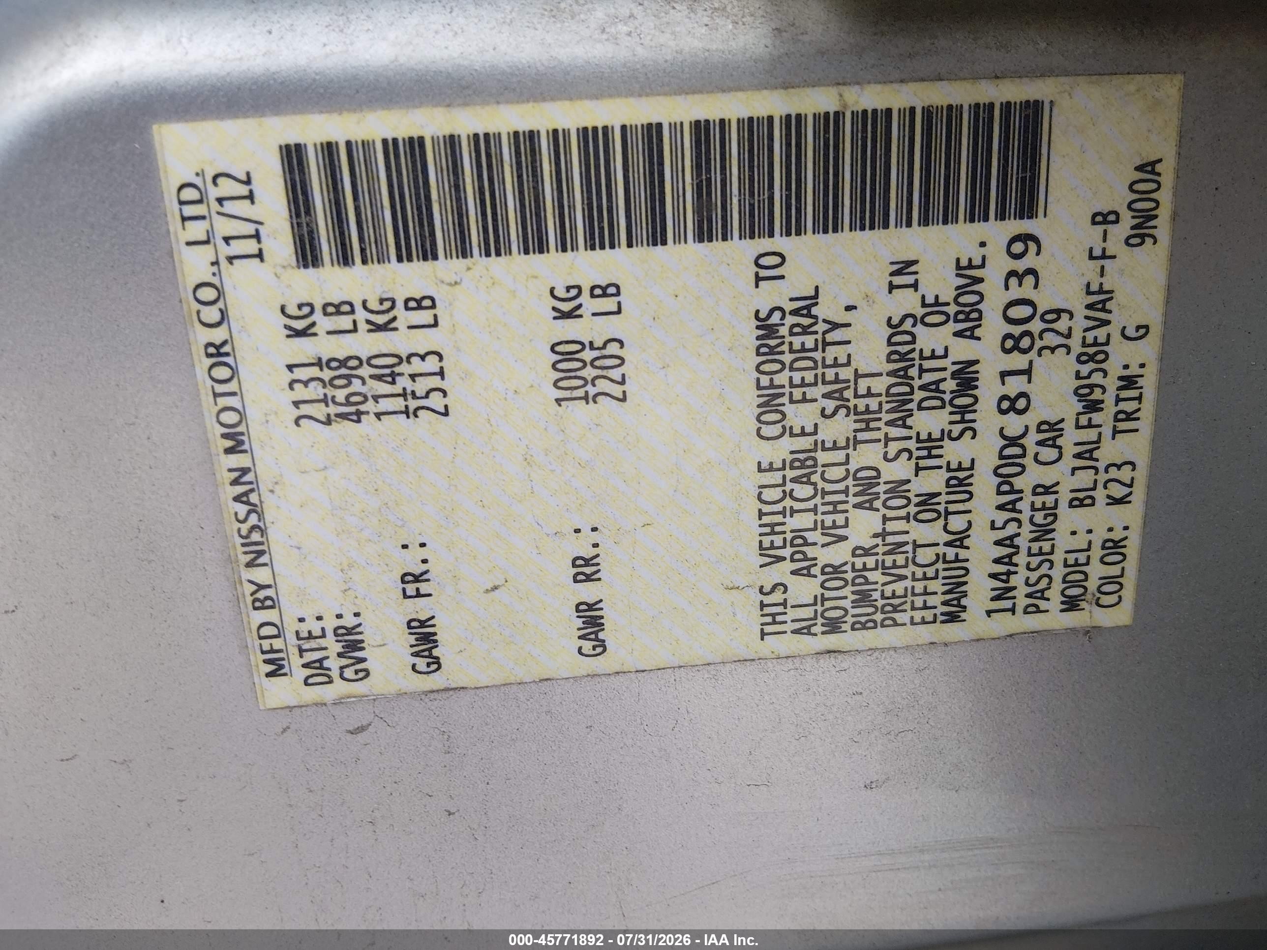 2013 Nissan Maxima 3.5 Sv Gray vin: 1N4AA5AP0DC818039