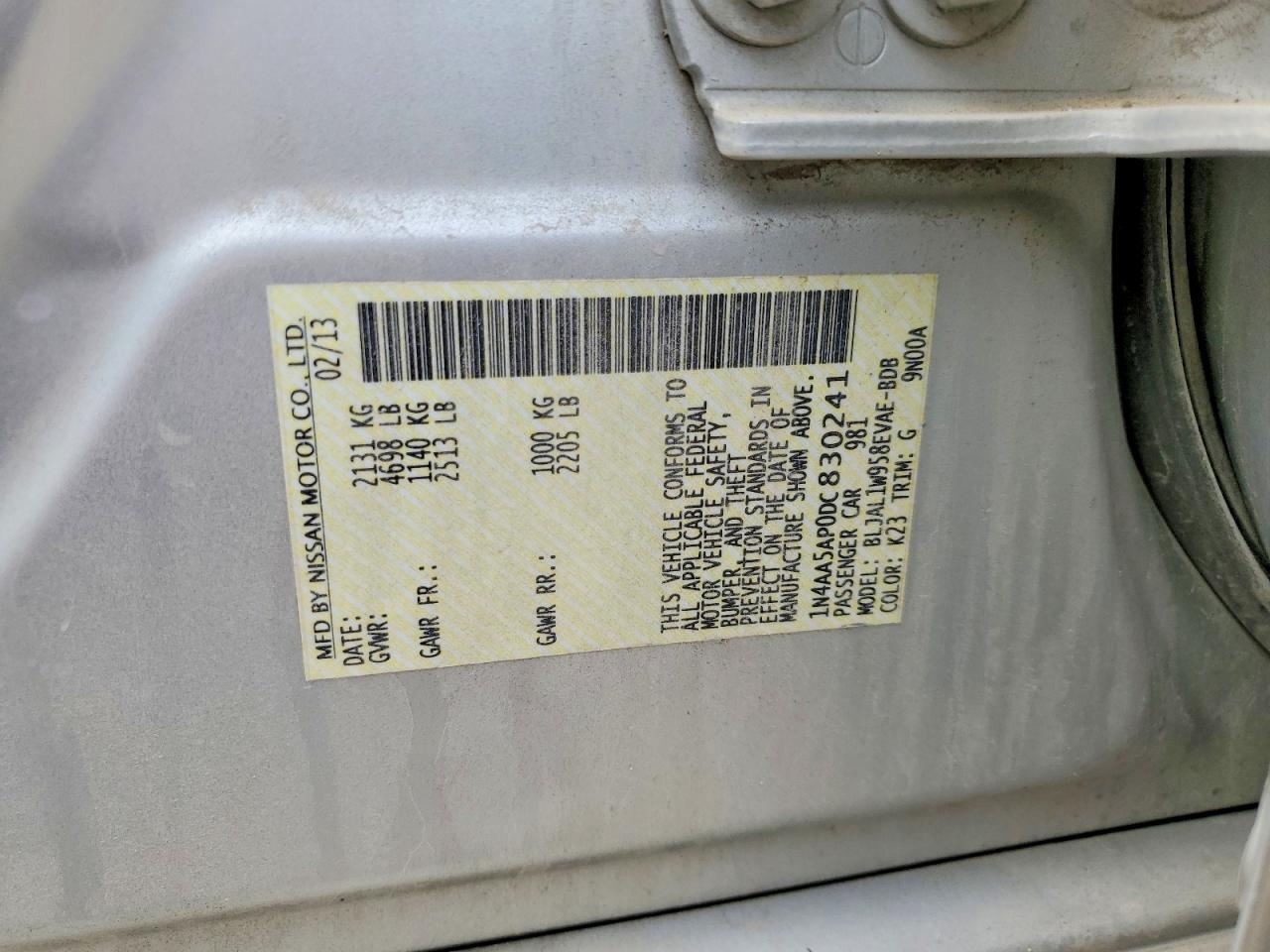 2013 Nissan Maxima S/sv Gray vin: 1N4AA5AP0DC830241