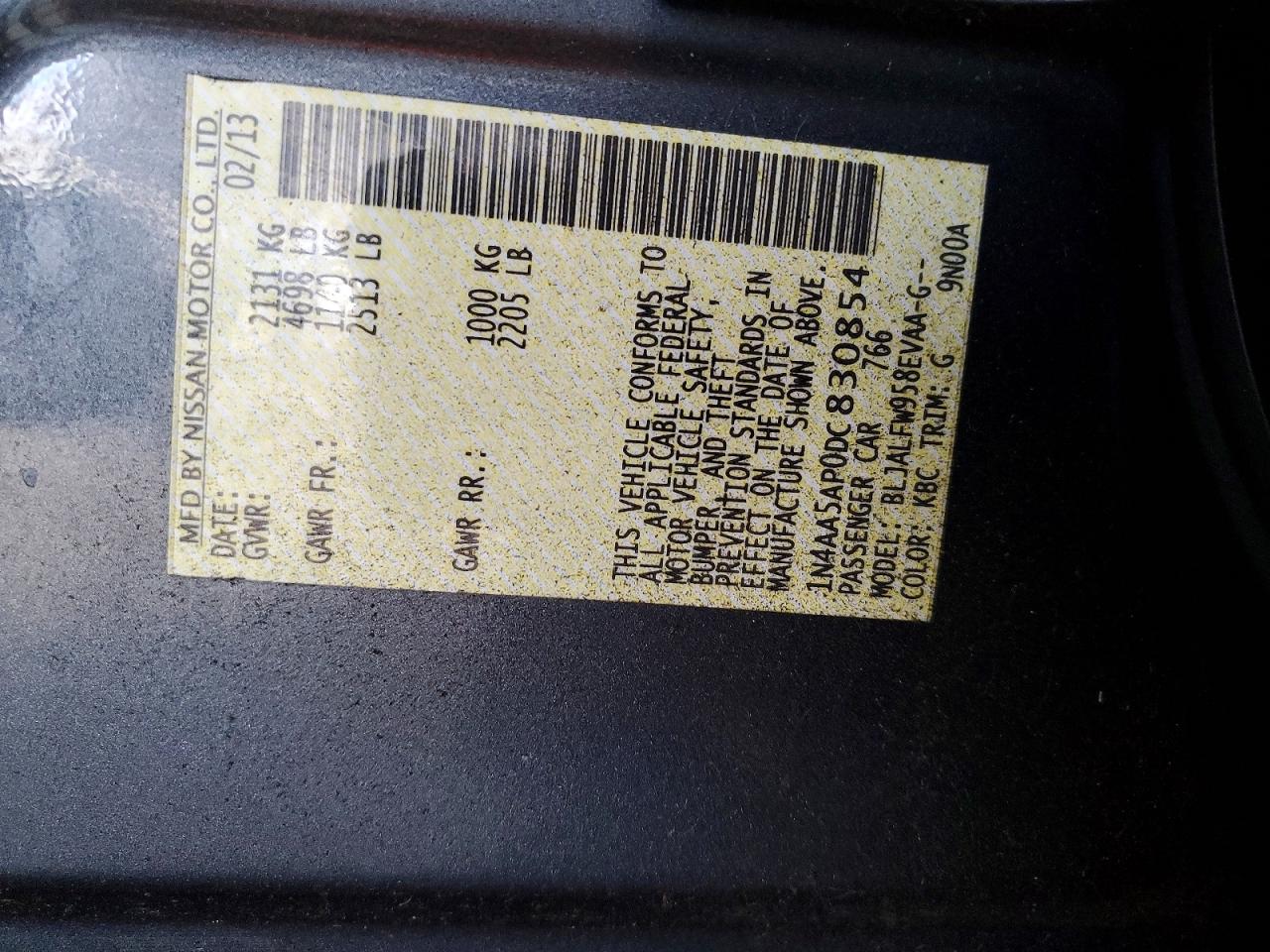 2013 Nissan Maxima 3.5 S Charcoal vin: 1N4AA5AP0DC830854