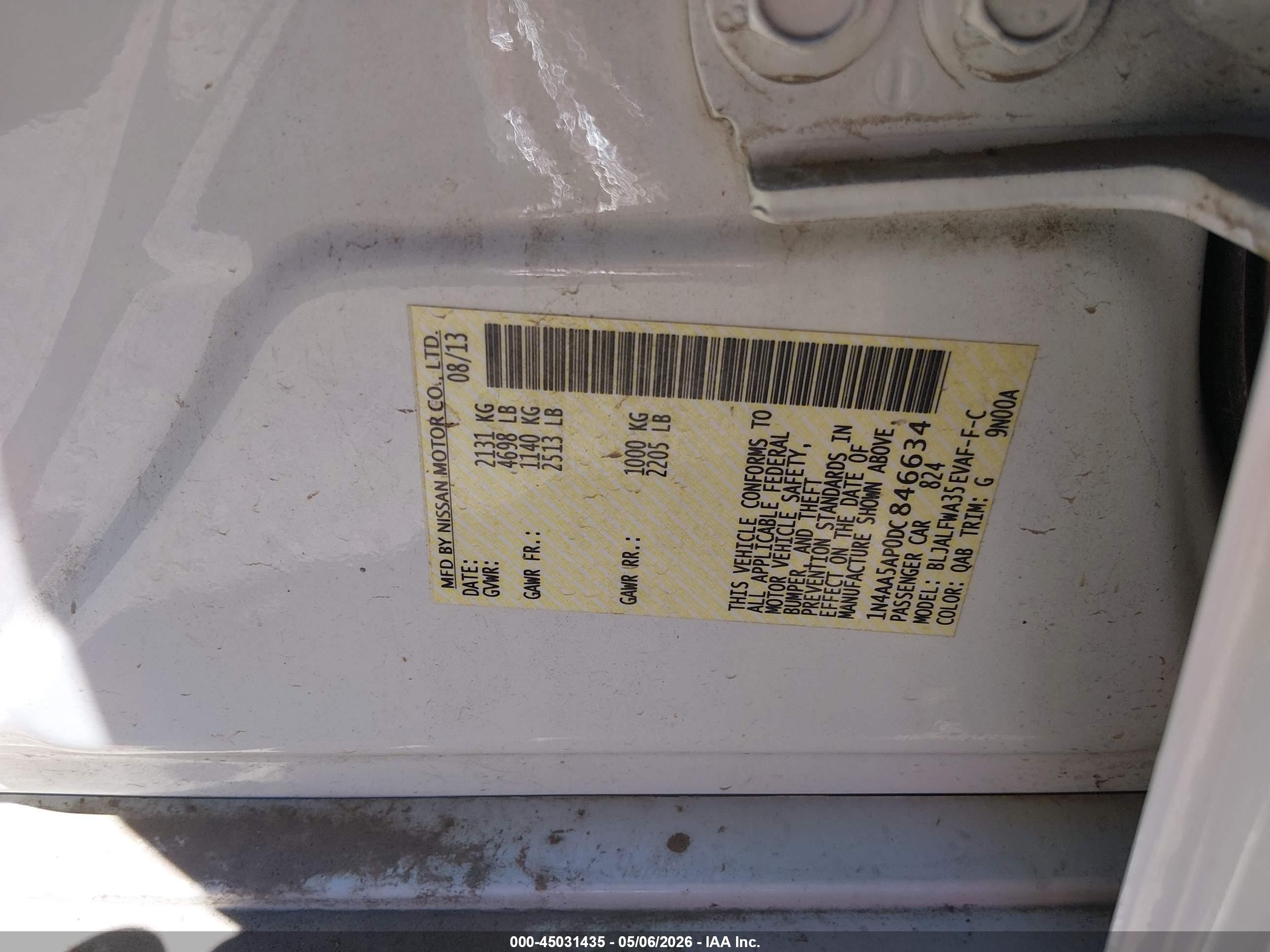 2013 Nissan Maxima 3.5 Sv White vin: 1N4AA5AP0DC846634