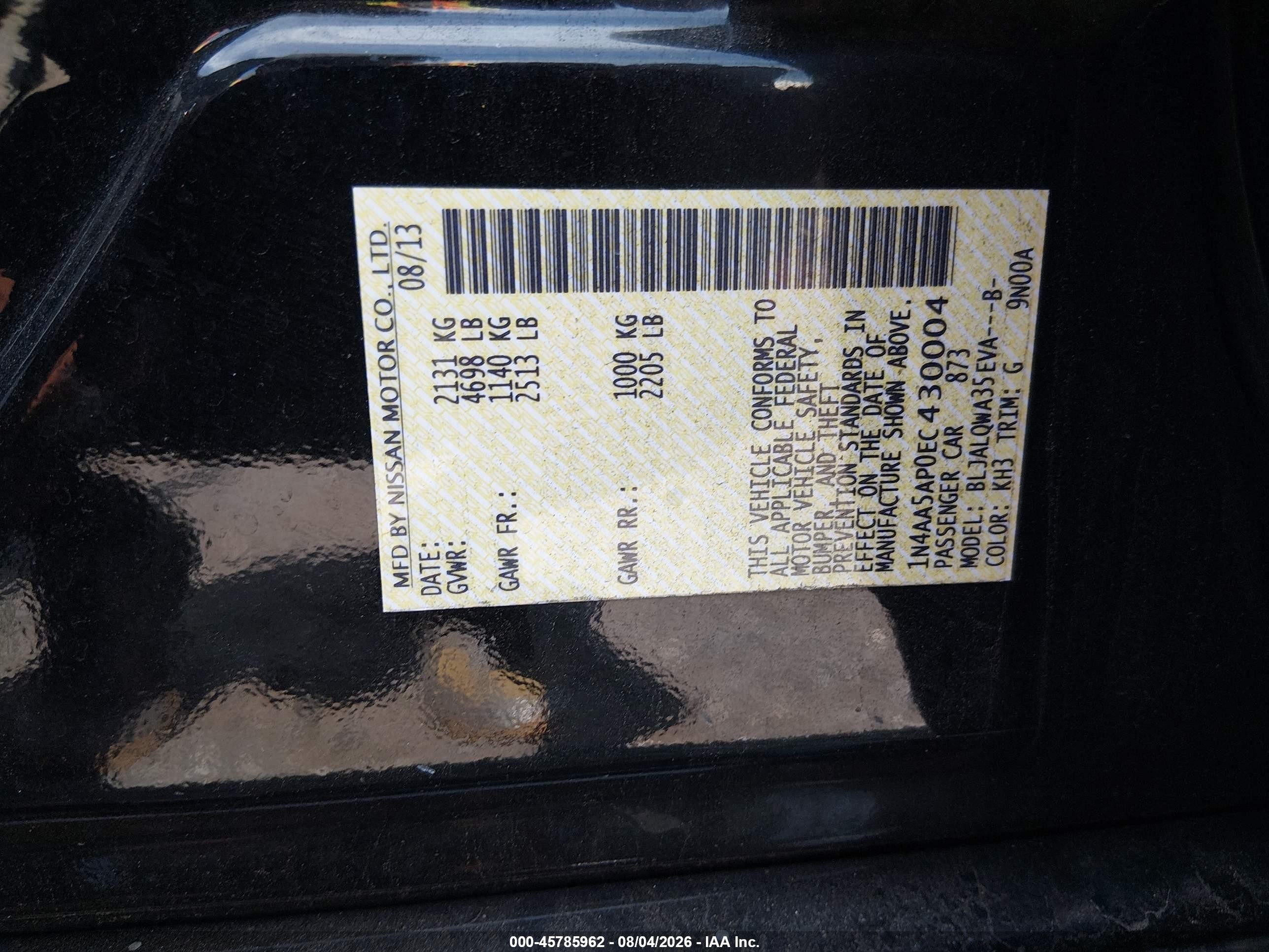 2014 Nissan Maxima 3.5 S Black vin: 1N4AA5AP0EC430004