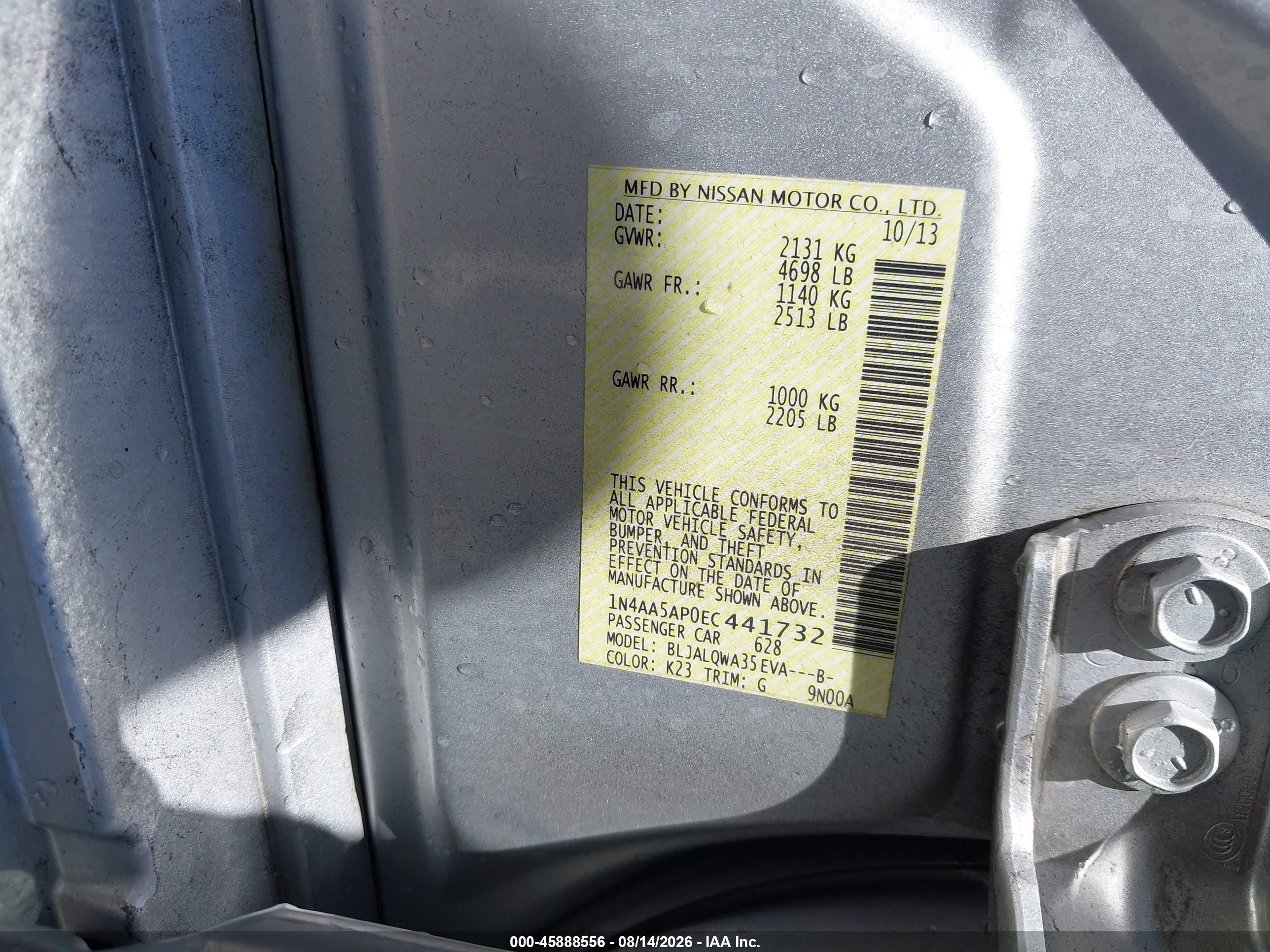 2014 Nissan Maxima 3.5 S Silver vin: 1N4AA5AP0EC441732