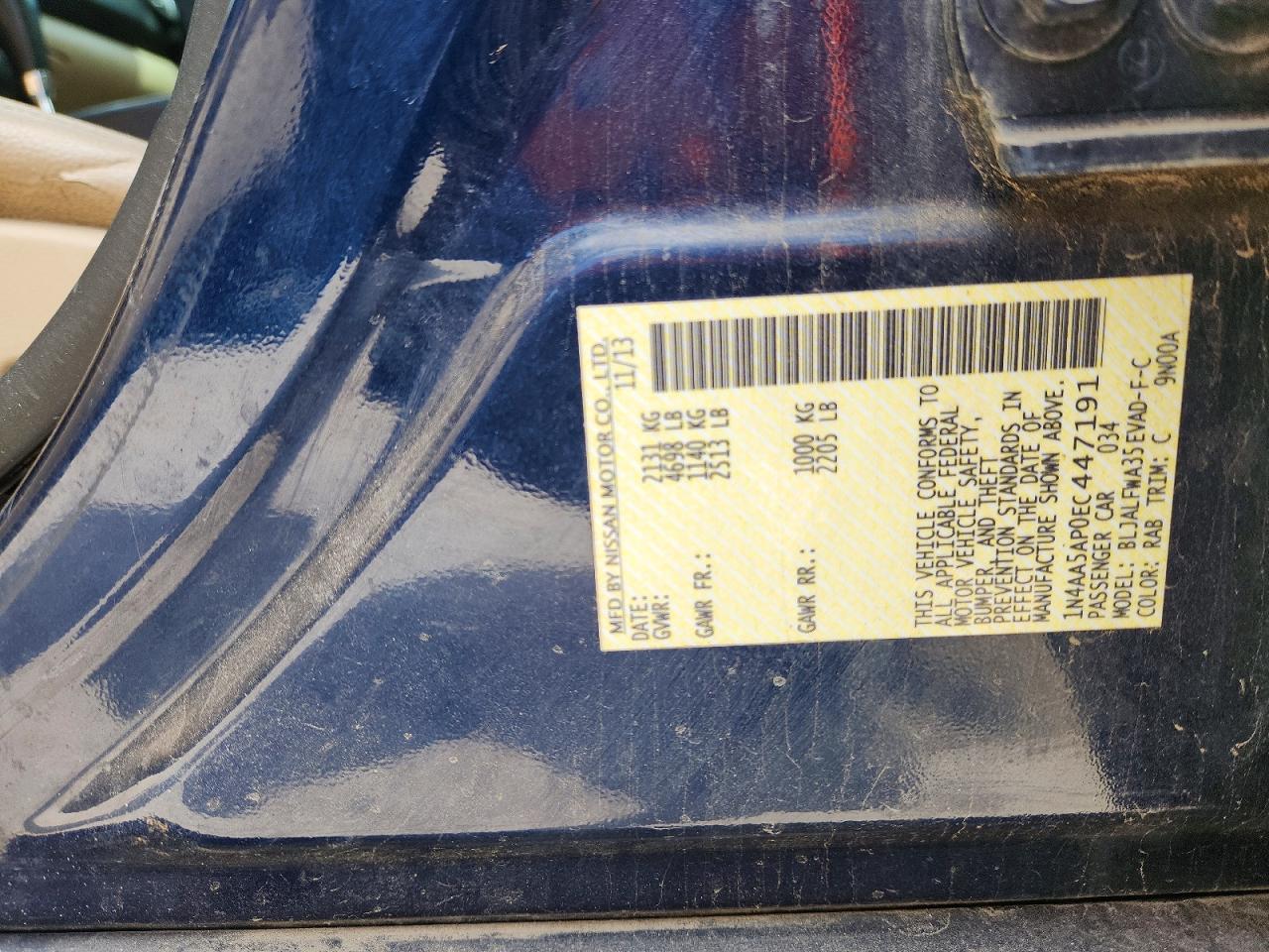 2014 Nissan Maxima S/sv Blue vin: 1N4AA5AP0EC447191