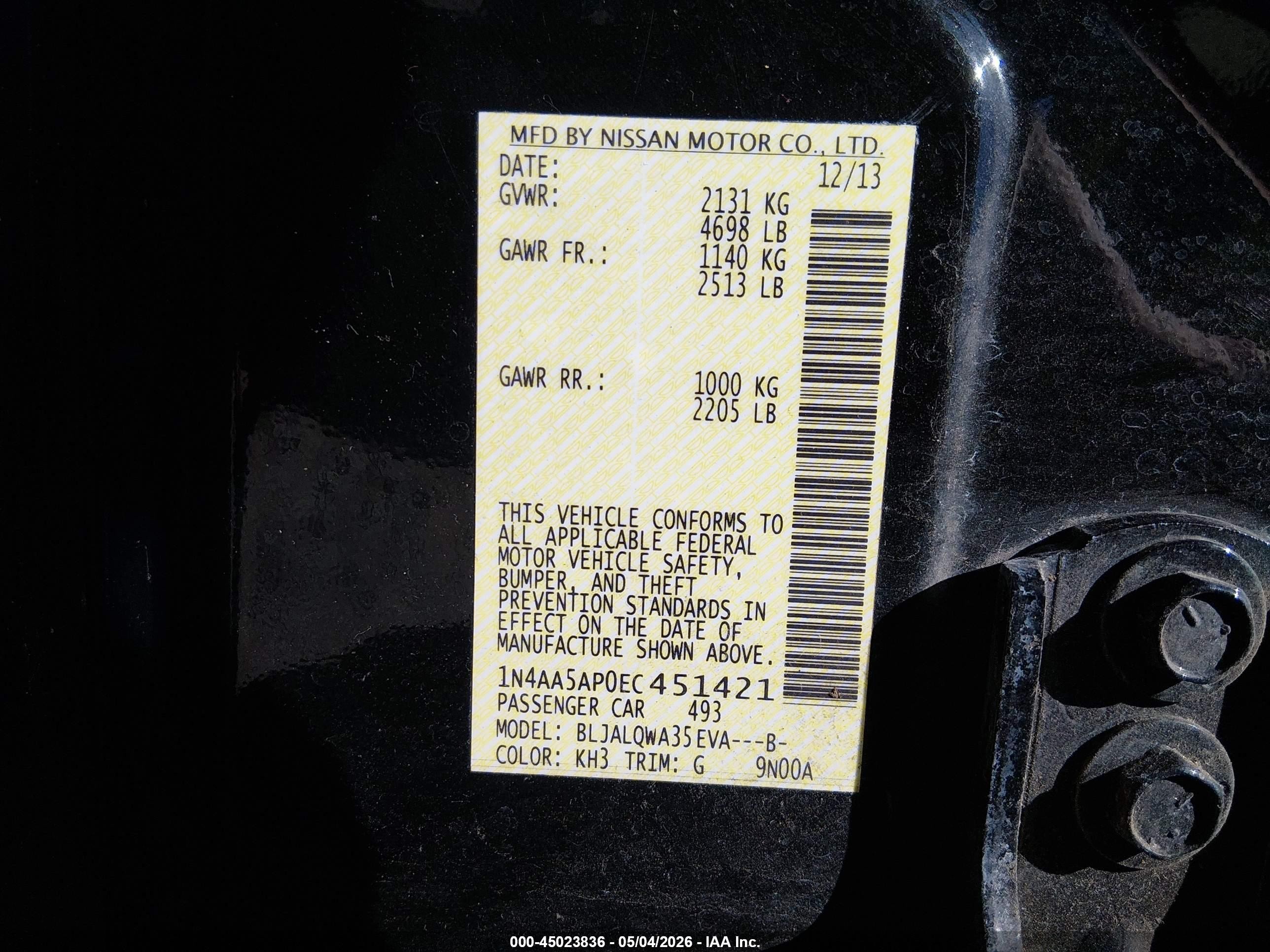 2014 Nissan Maxima 3.5 S Black vin: 1N4AA5AP0EC451421