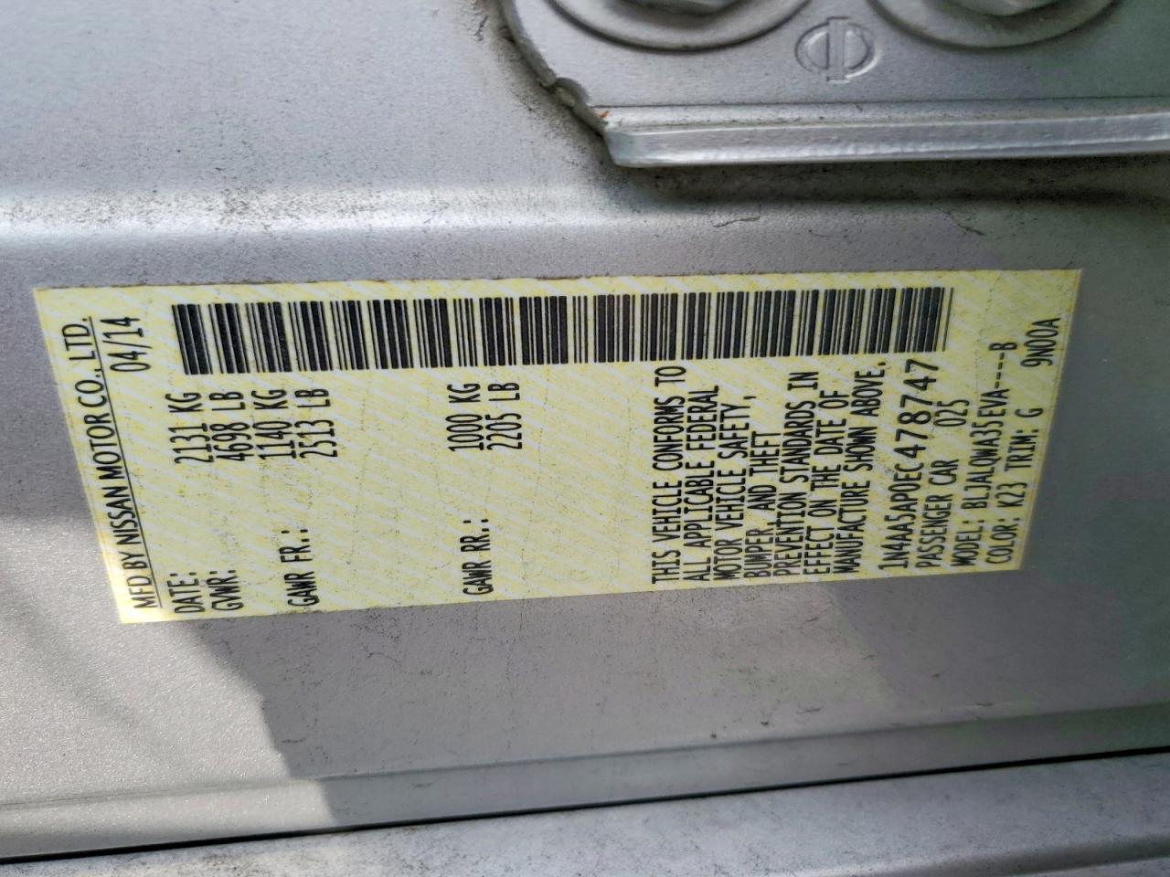 2014 Nissan Maxima 3.5 S Silver vin: 1N4AA5AP0EC478747