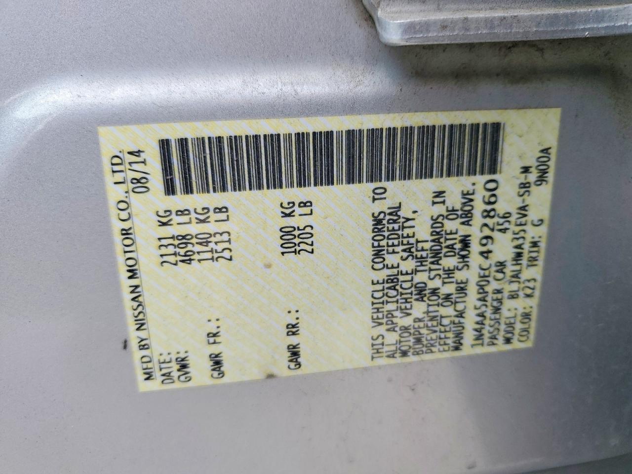 2014 Nissan Maxima 3.5 Sv Silver vin: 1N4AA5AP0EC492860