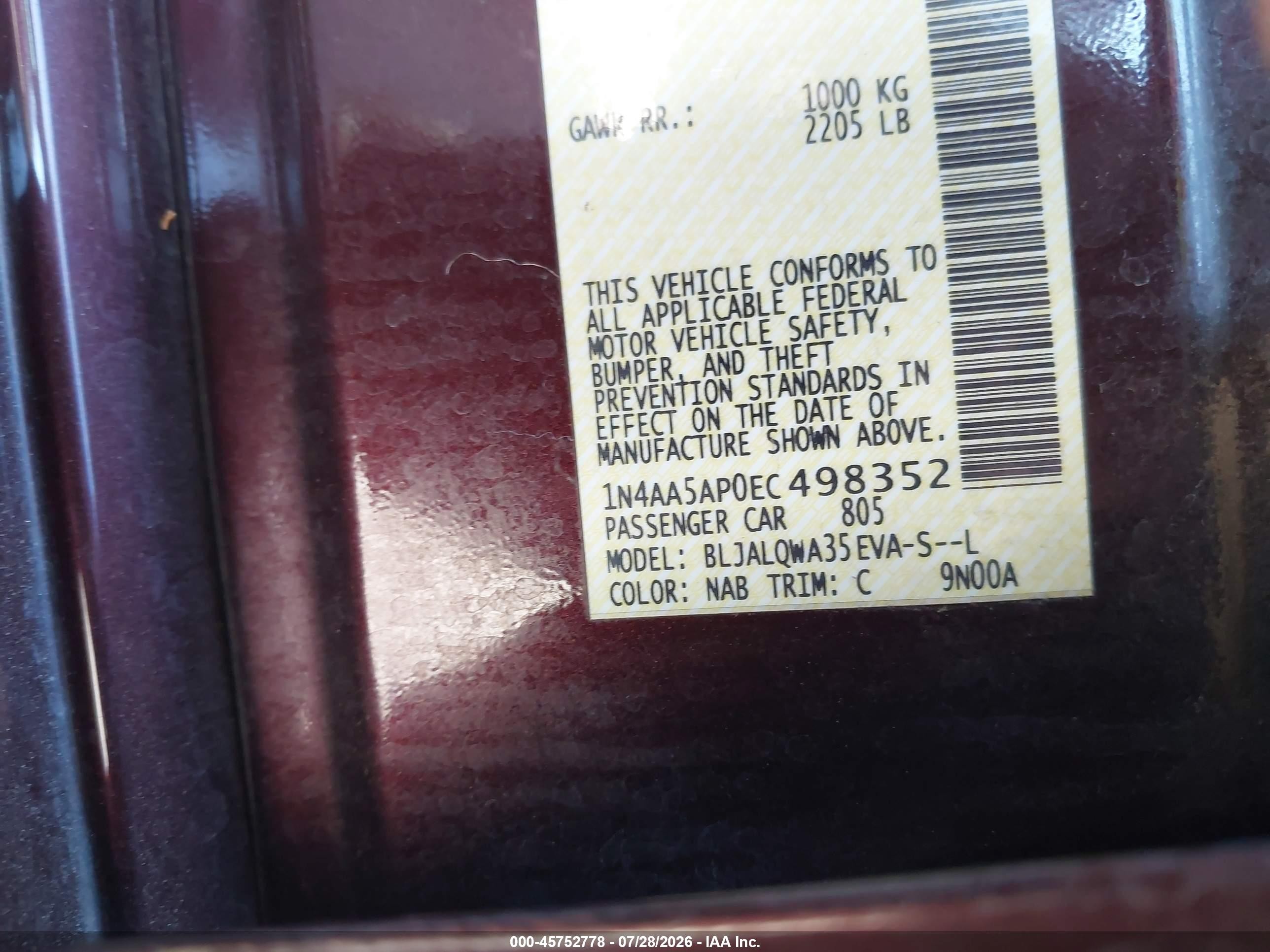 2014 Nissan Maxima 3.5 S Burgundy vin: 1N4AA5AP0EC498352