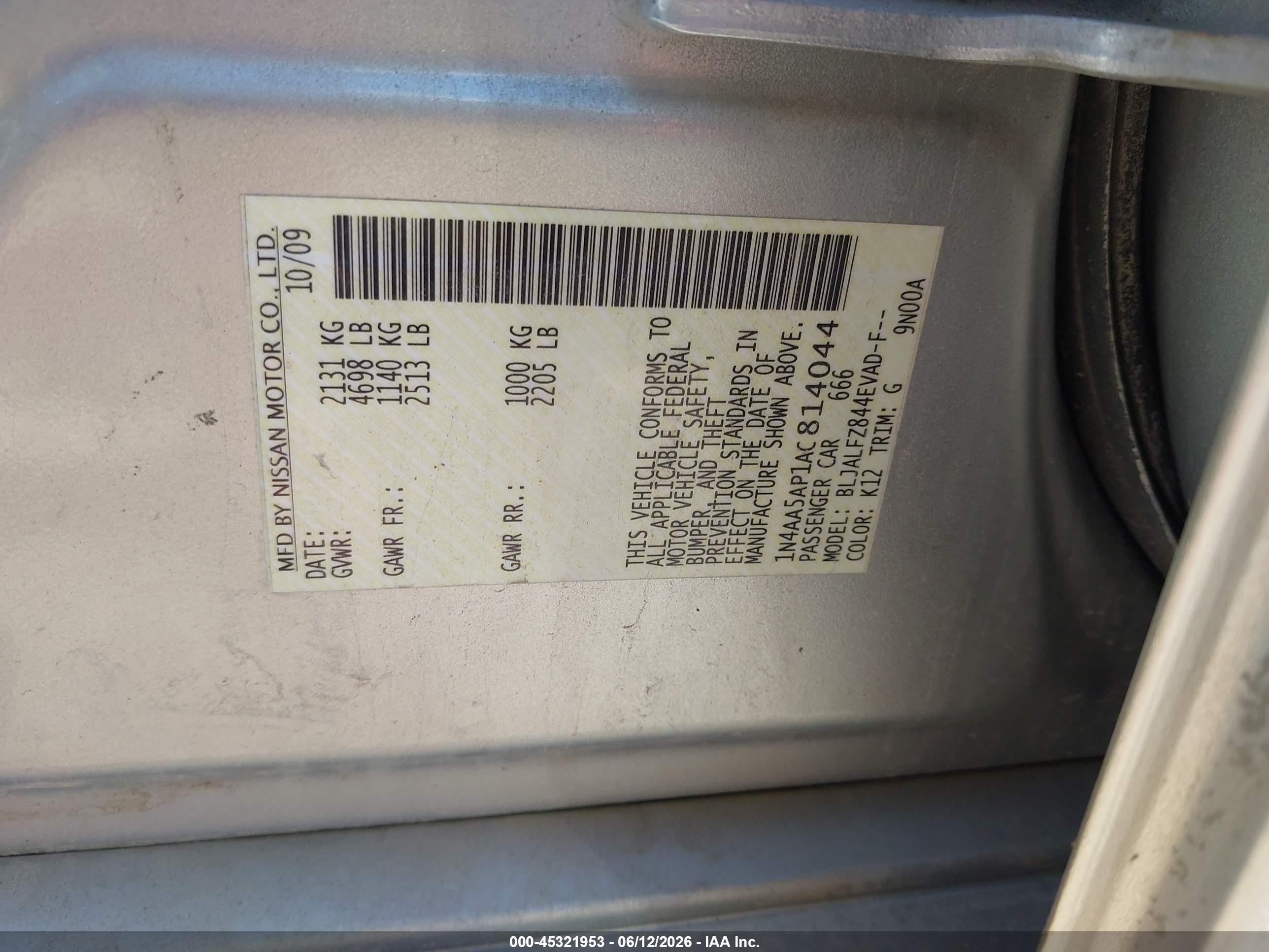 2010 Nissan Maxima 3.5 Sv Серебряный vin: 1N4AA5AP1AC814044
