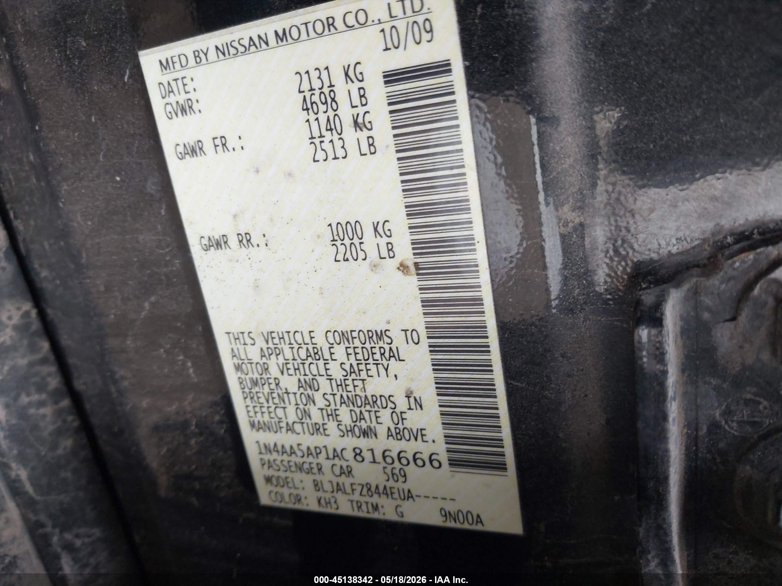 2010 Nissan Maxima 3.5 Sv Black vin: 1N4AA5AP1AC816666