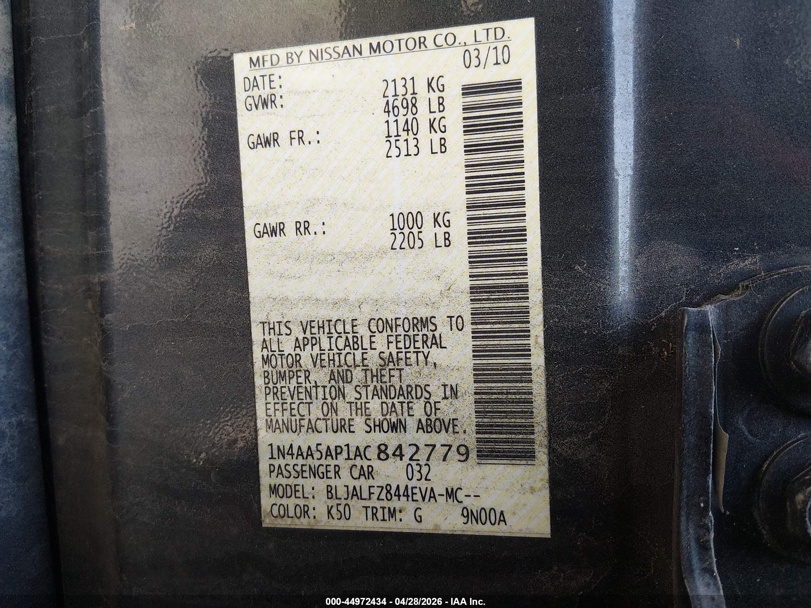 2010 Nissan Maxima 3.5 Sv Gray vin: 1N4AA5AP1AC842779