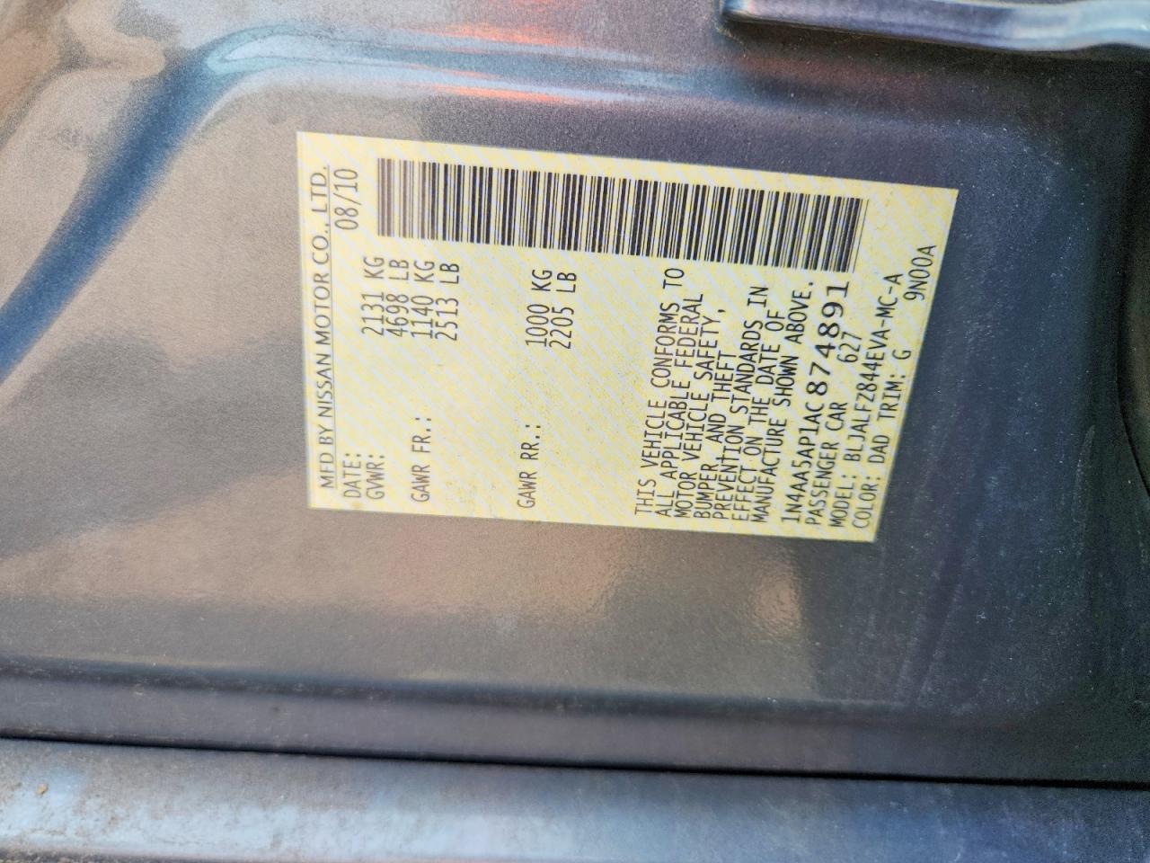 2010 Nissan Maxima 3.5 S Gray vin: 1N4AA5AP1AC874891