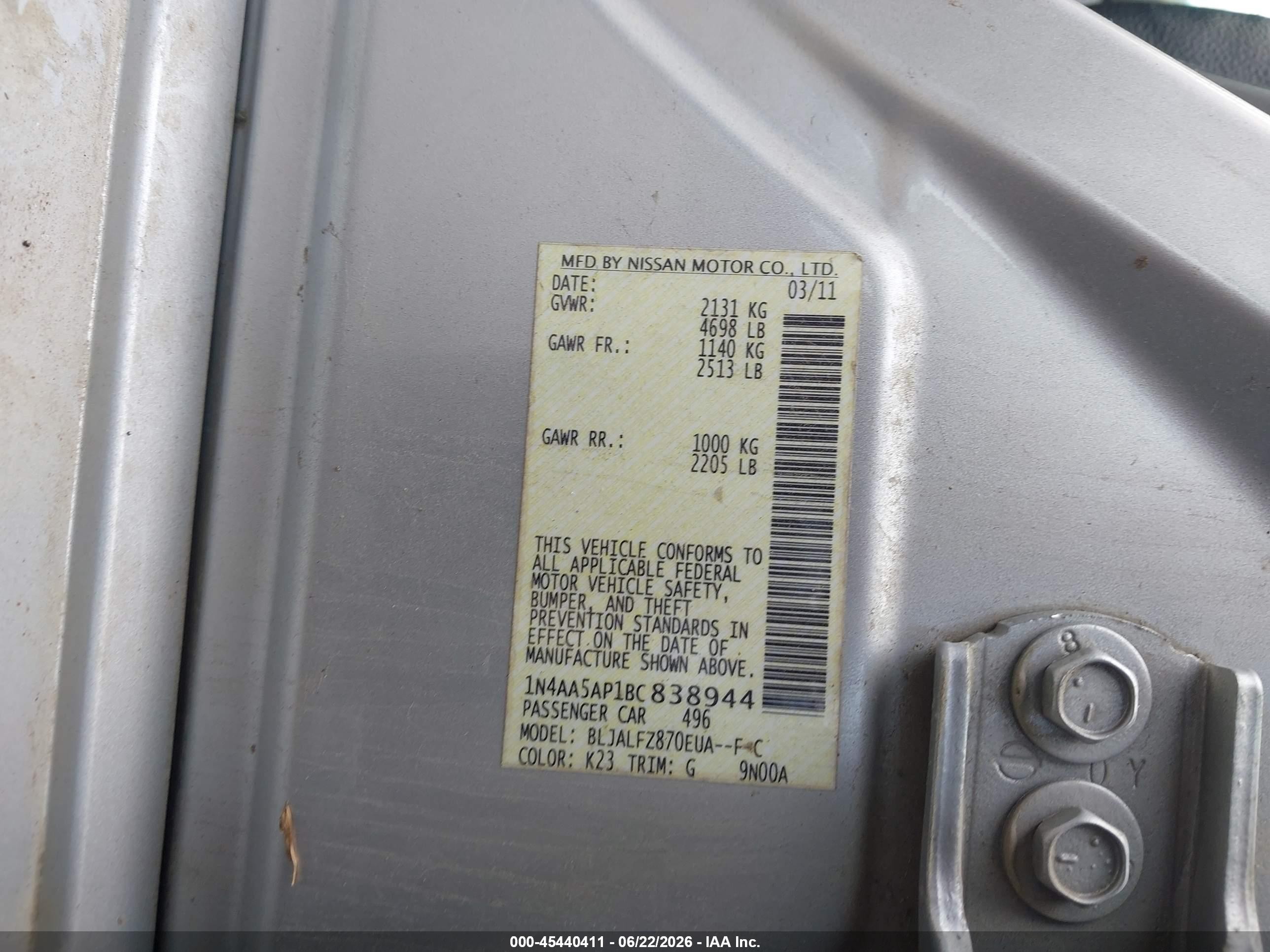 2011 Nissan Maxima 3.5 Sv Gray vin: 1N4AA5AP1BC838944