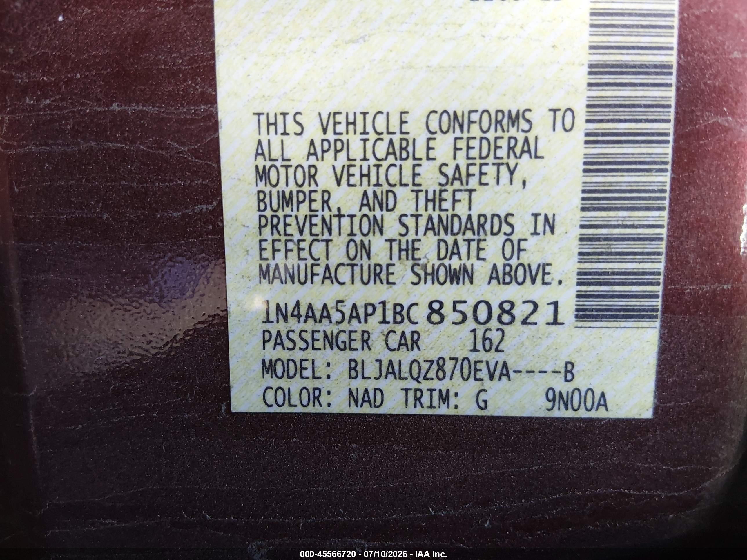 2011 Nissan Maxima 3.5 S Burgundy vin: 1N4AA5AP1BC850821