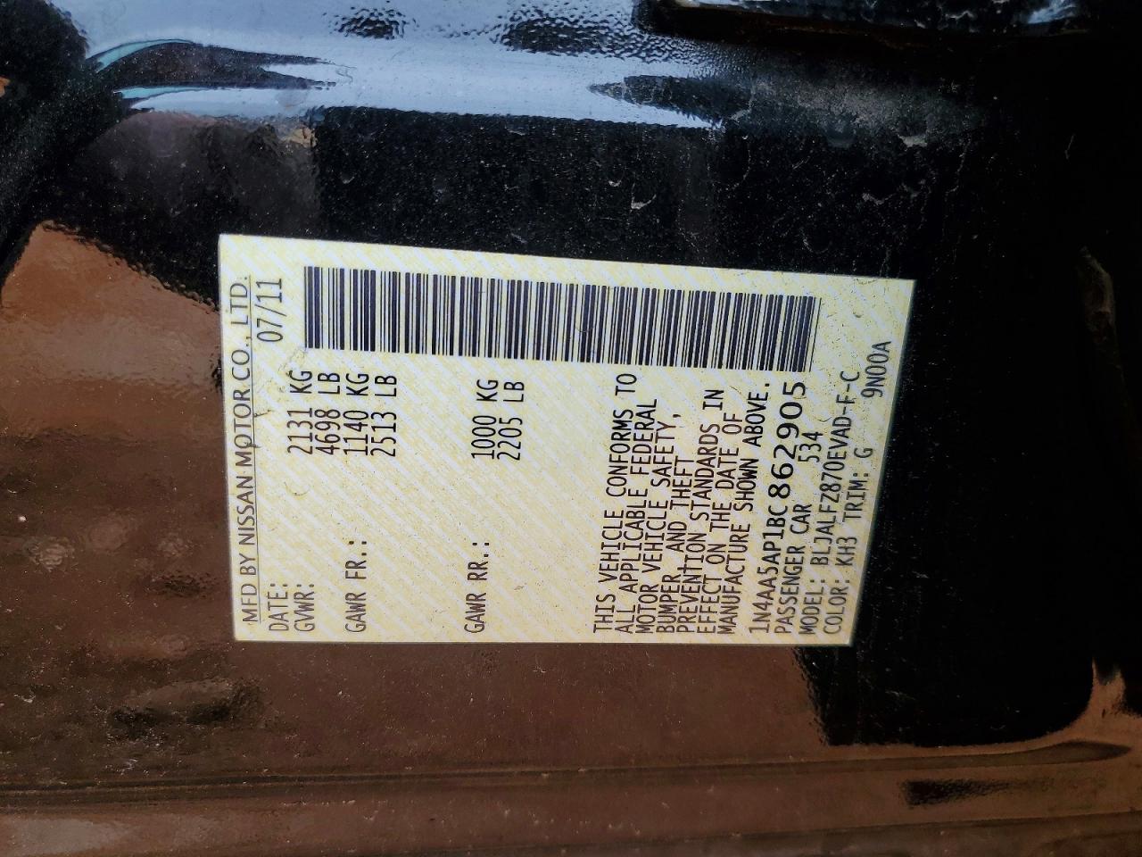 2011 Nissan Maxima S Black vin: 1N4AA5AP1BC862905