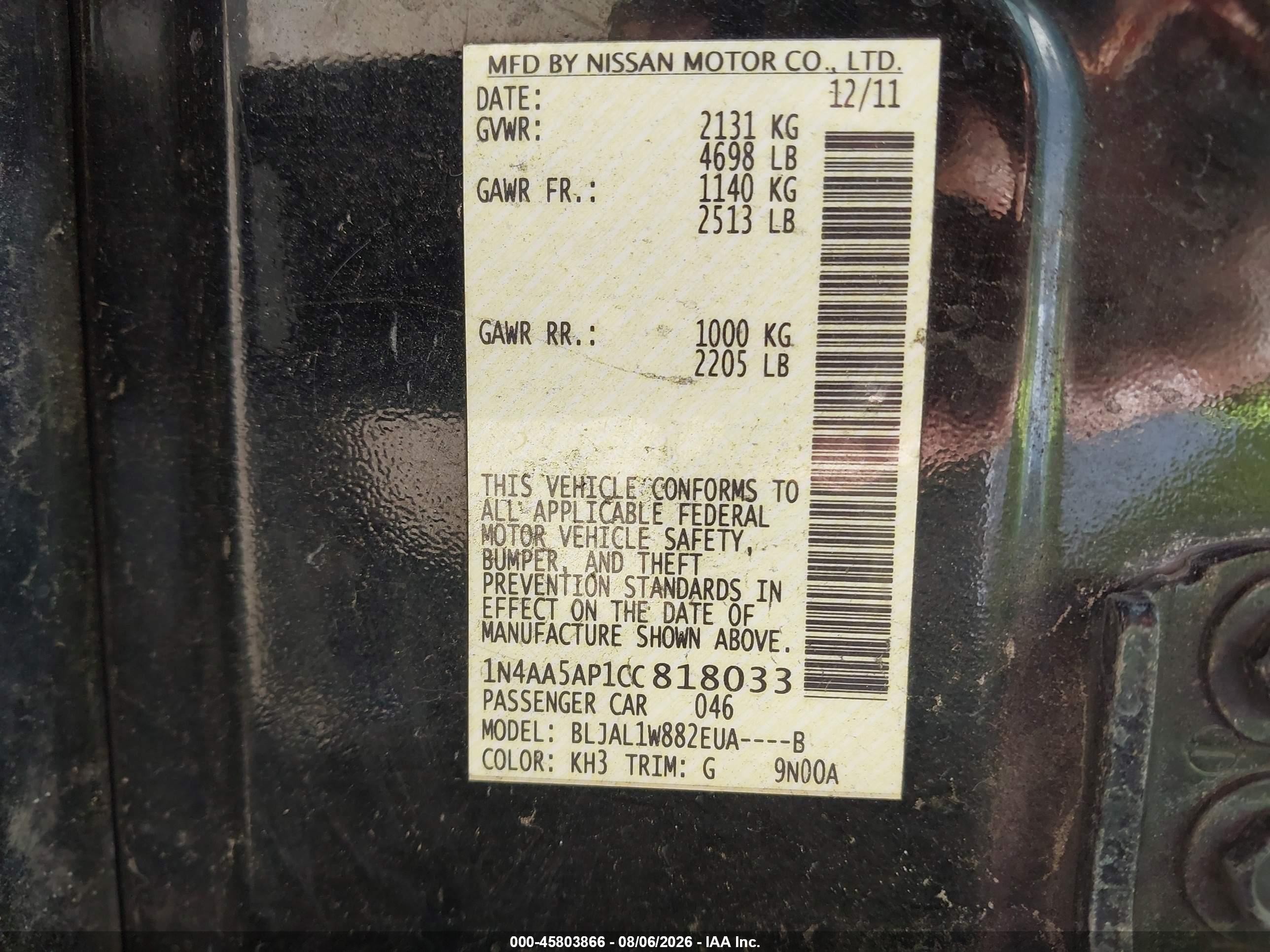 2012 Nissan Maxima 3.5 Sv Black vin: 1N4AA5AP1CC818033
