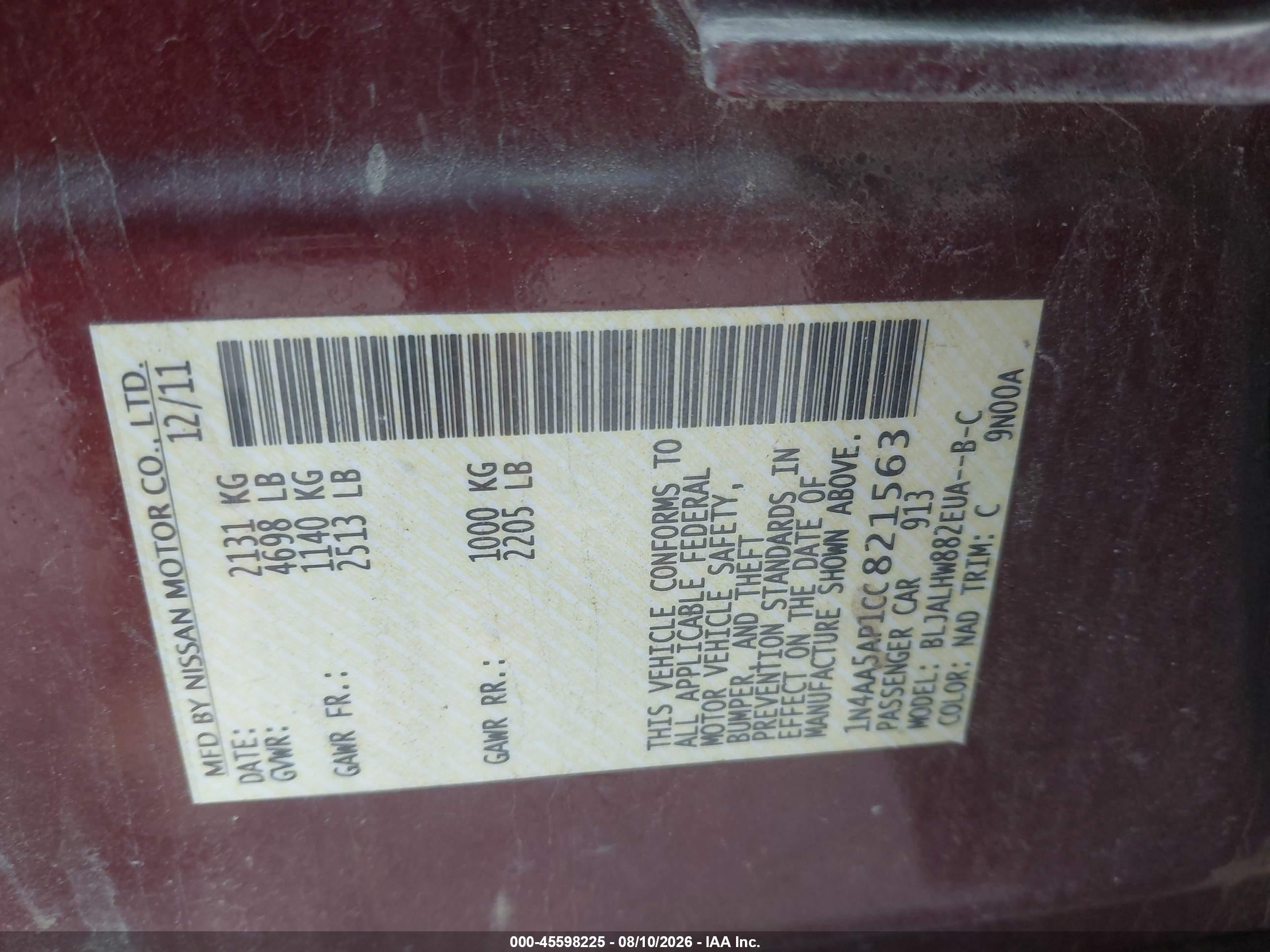 2012 Nissan Maxima 3.5 Sv Burgundy vin: 1N4AA5AP1CC821563