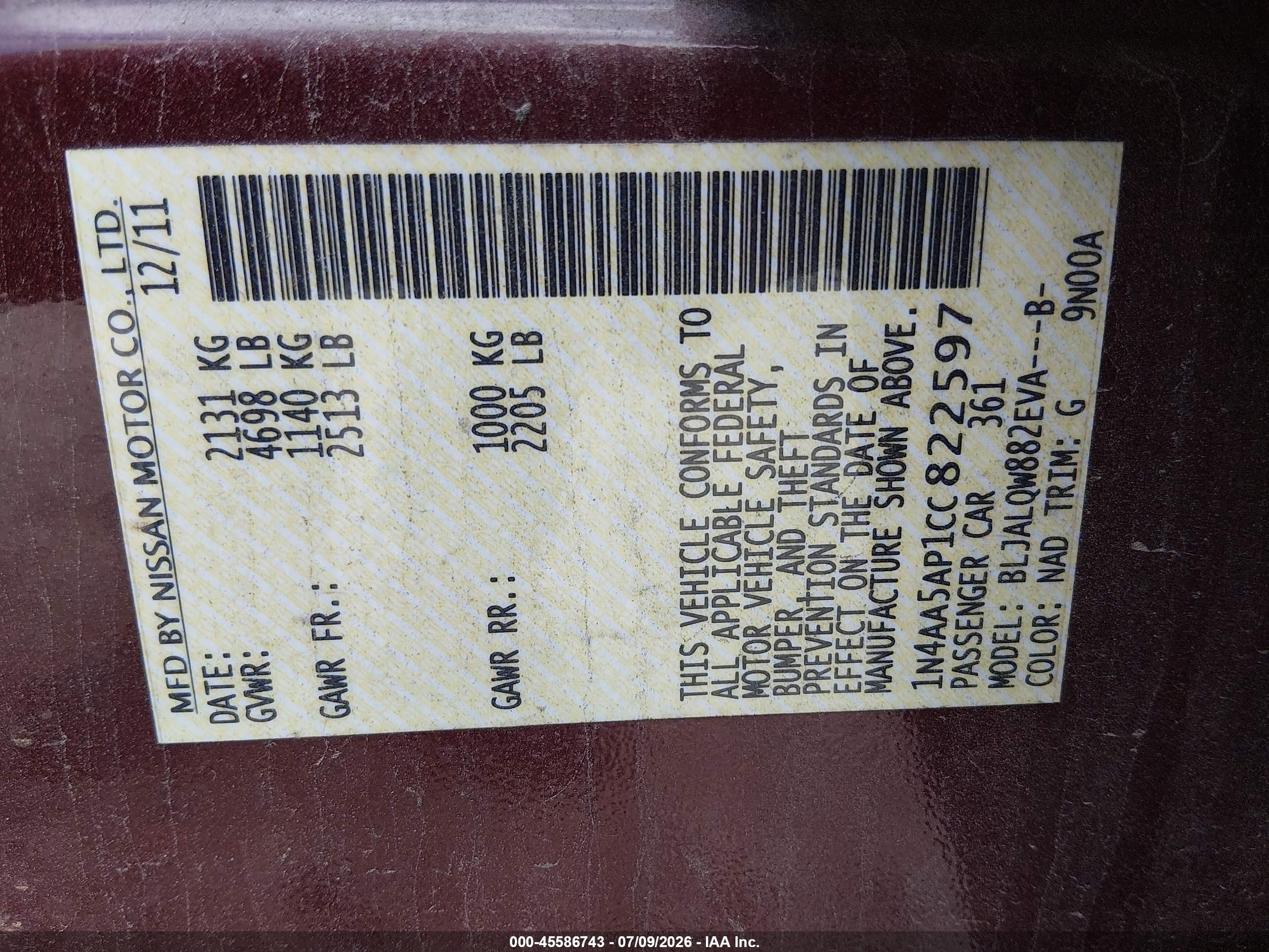 2012 Nissan Maxima 3.5 S Burgundy vin: 1N4AA5AP1CC822597