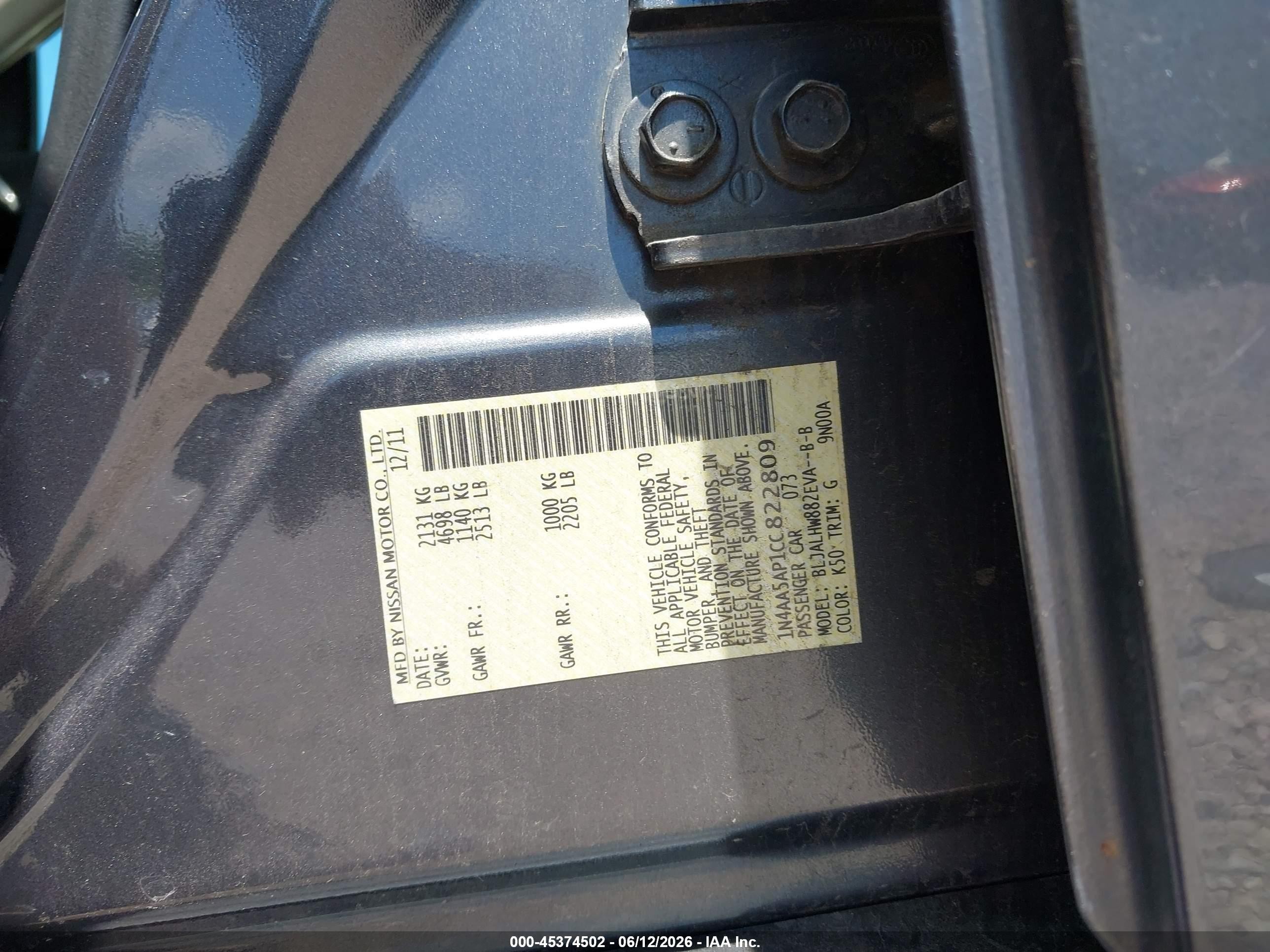2012 Nissan Maxima 3.5 Sv Gray vin: 1N4AA5AP1CC822809