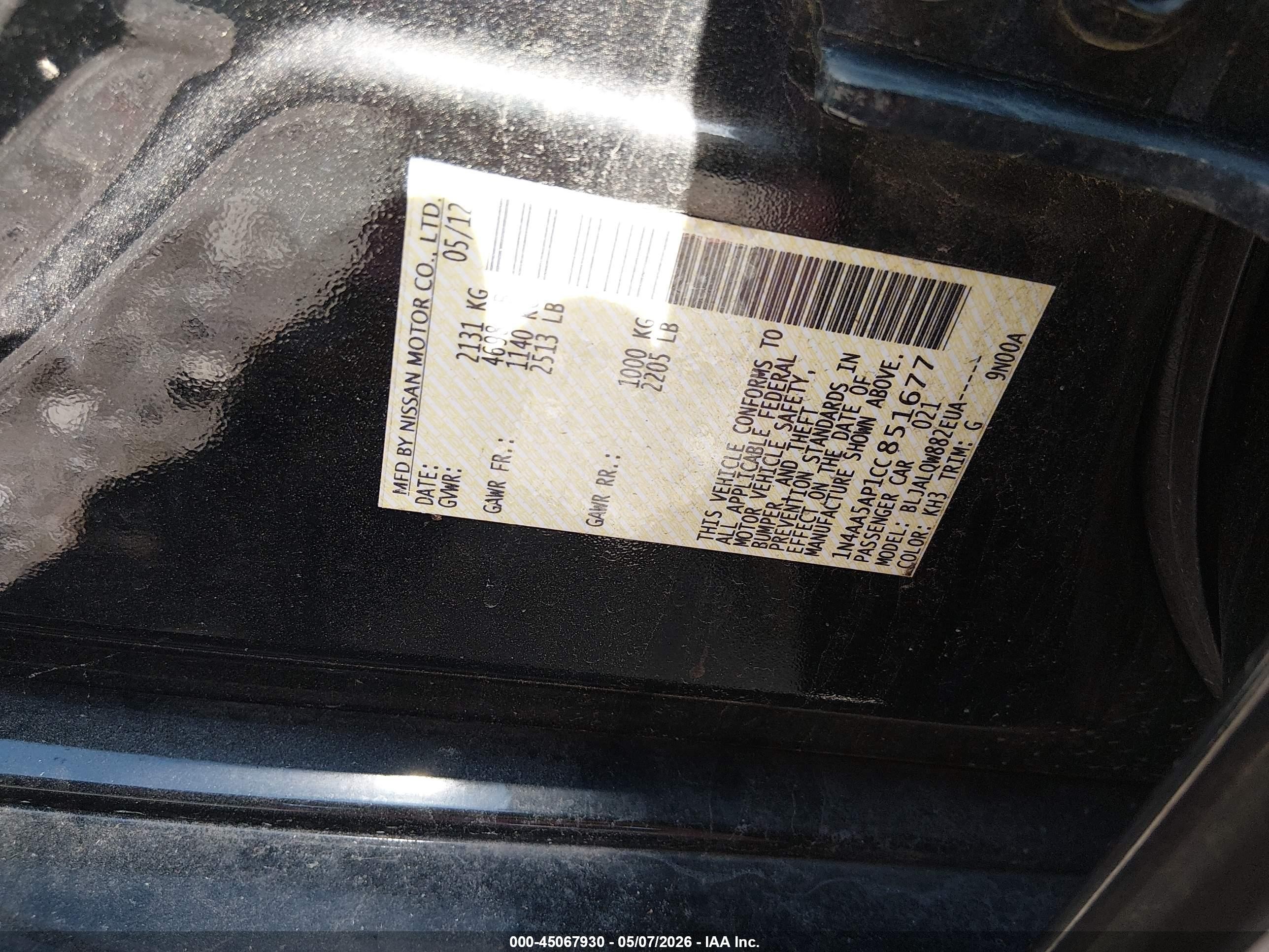 2012 Nissan Maxima 3.5 S Black vin: 1N4AA5AP1CC851677