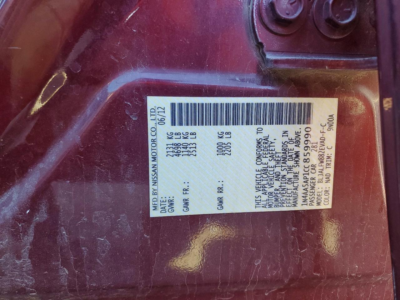 2012 Nissan Maxima 3.5 S Maroon vin: 1N4AA5AP1CC859990
