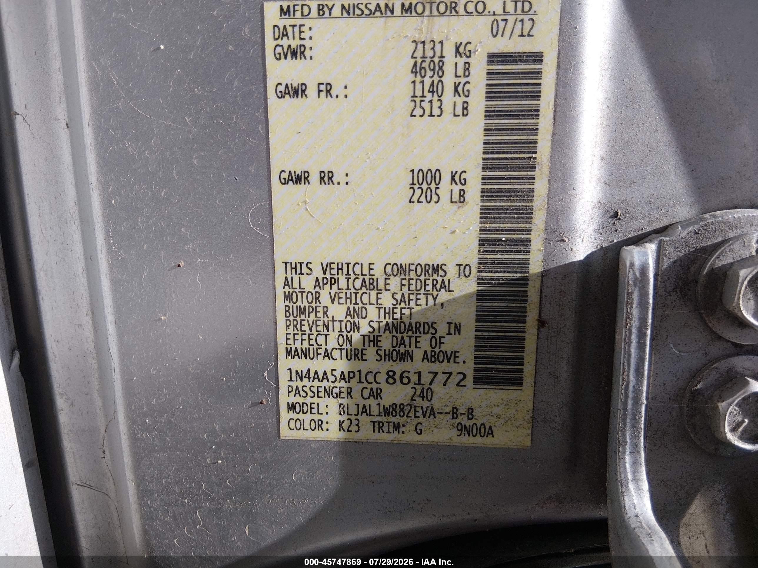 2012 Nissan Maxima 3.5 Sv Silver vin: 1N4AA5AP1CC861772