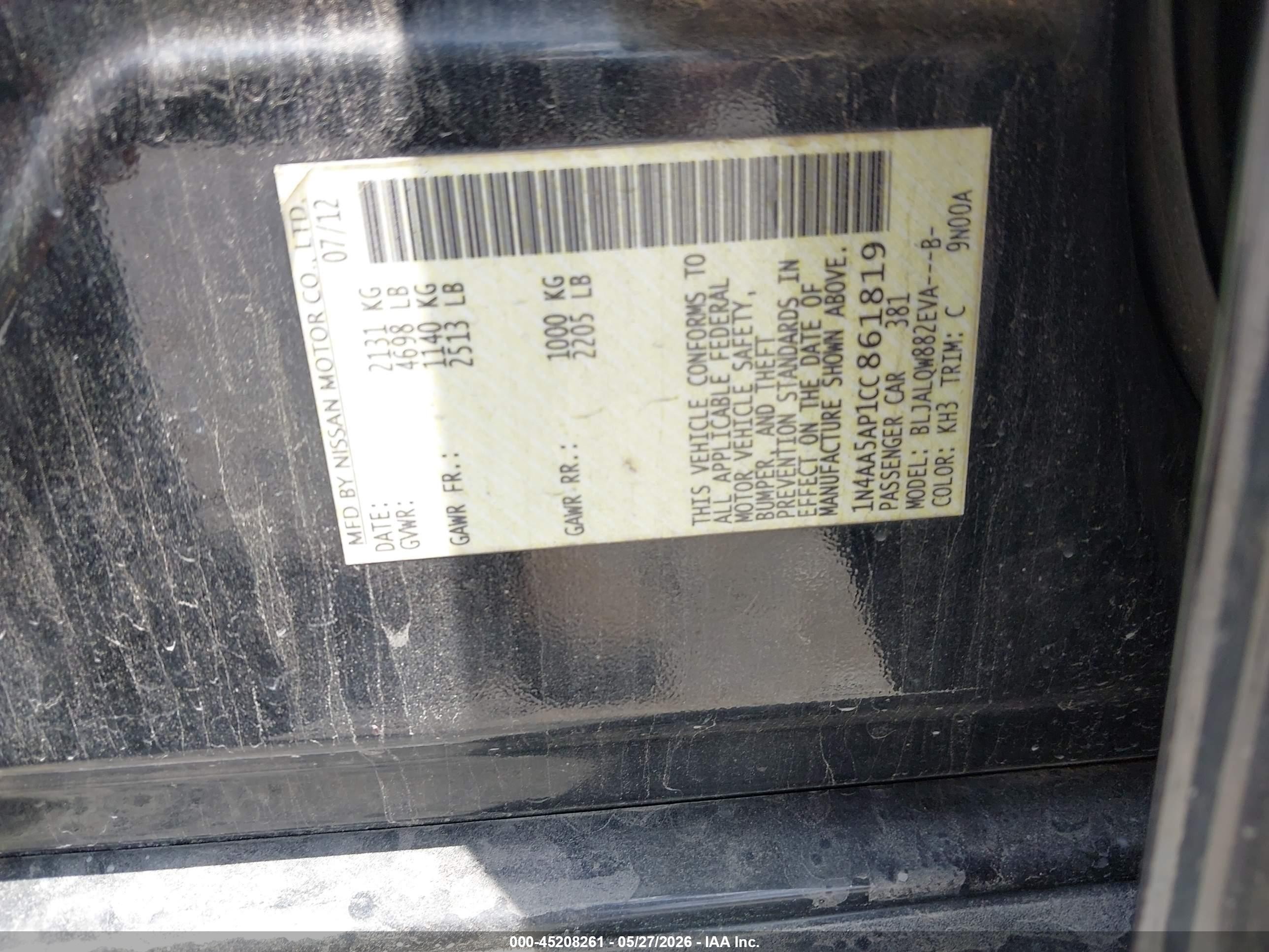 2012 Nissan Maxima 3.5 S Black vin: 1N4AA5AP1CC861819