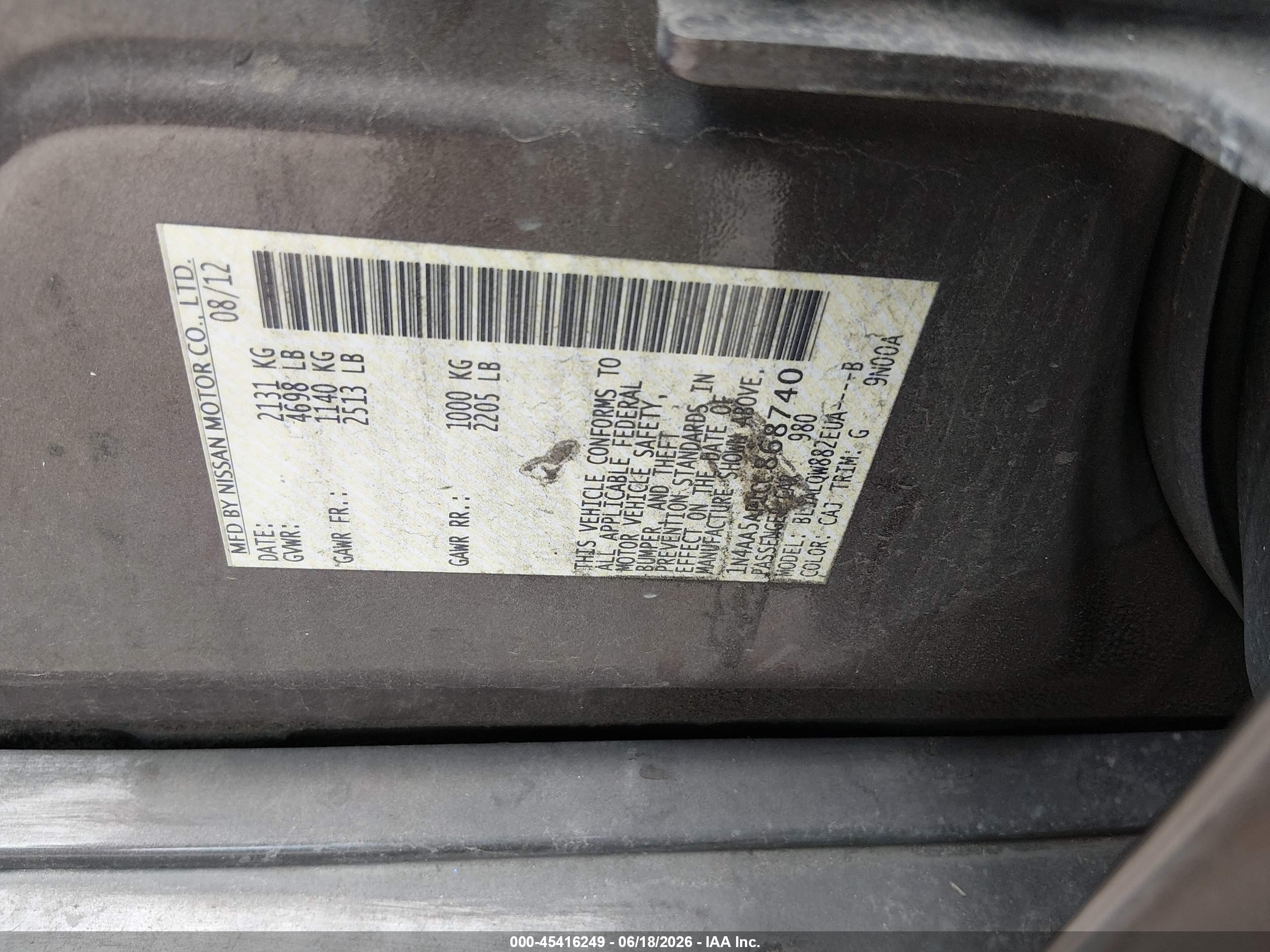 2012 Nissan Maxima 3.5 S Brown vin: 1N4AA5AP1CC868740