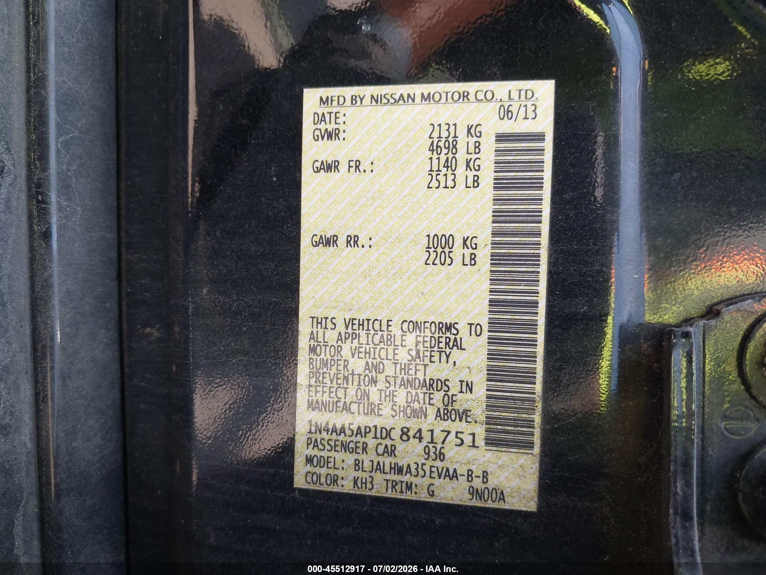 2013 Nissan Maxima 3.5 Sv Black vin: 1N4AA5AP1DC841751